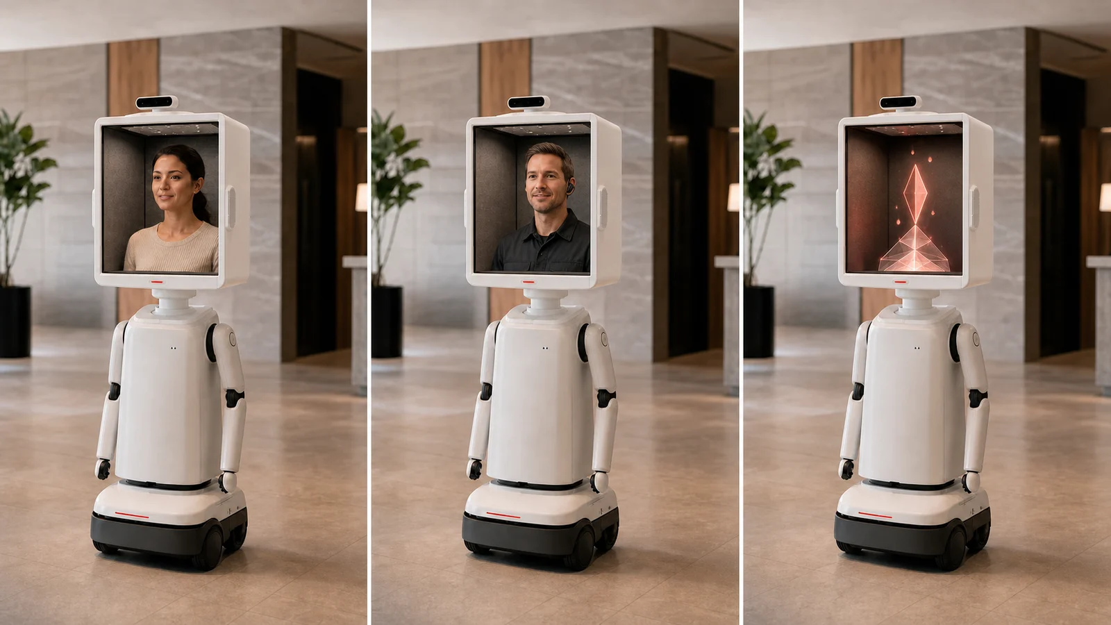 The same service robot embodying an AI concierge, a remote technician and an abstract branded character inside its spatial chamber