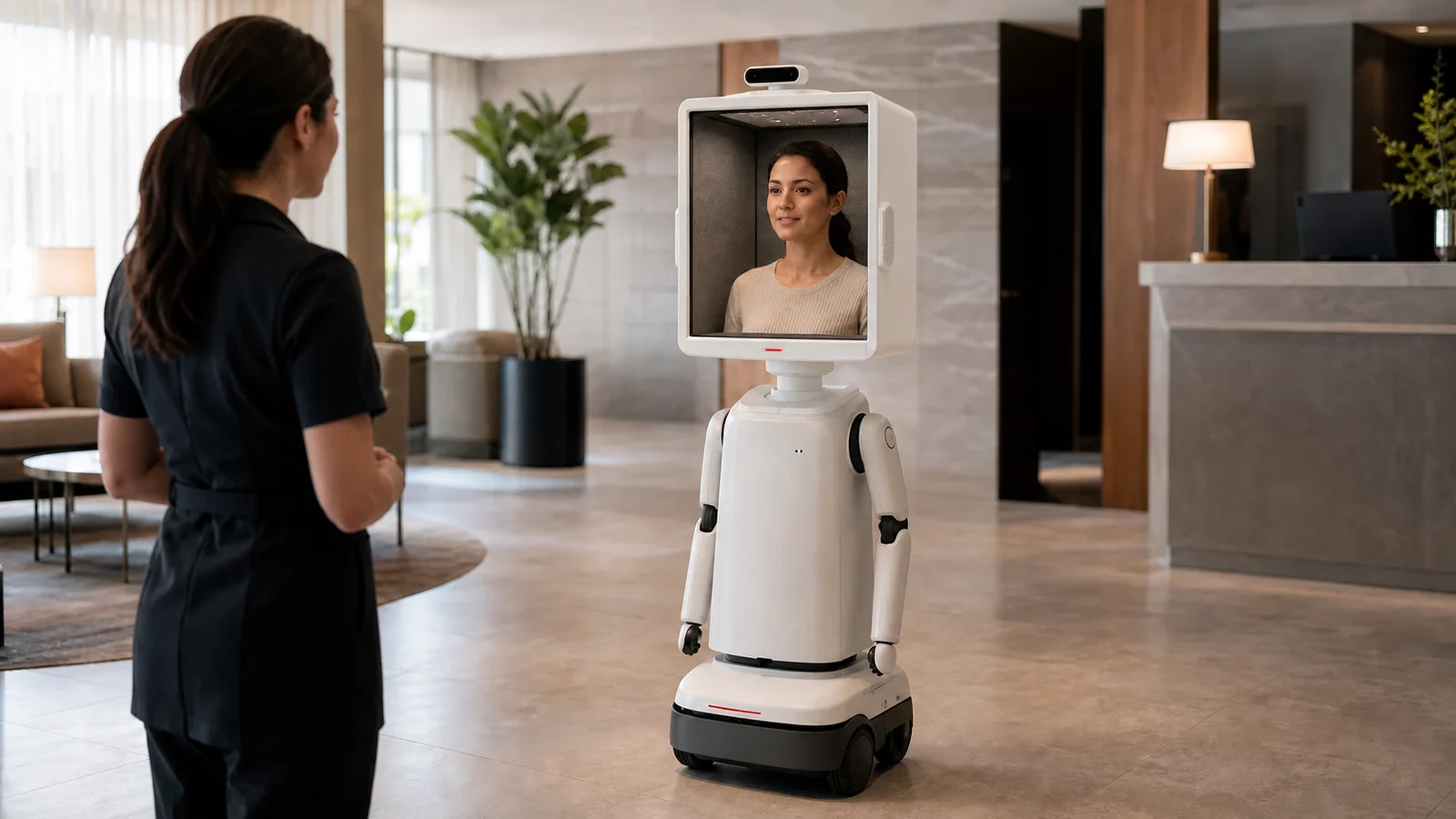 A warm-white service robot with a matching compact spatial chamber head embodying a lifelike remote person