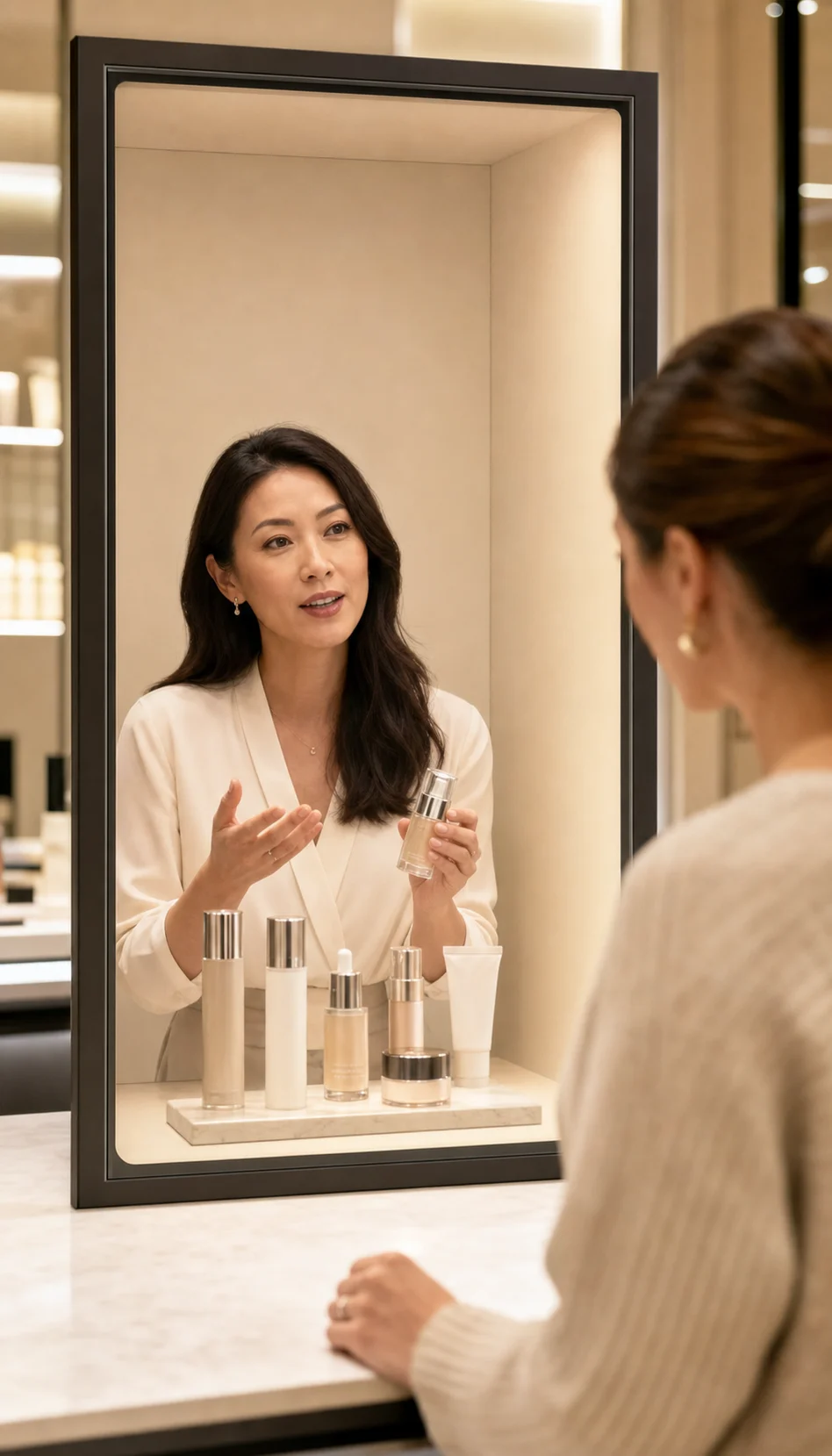 Remote beauty specialist and products inside a retail presence chamber