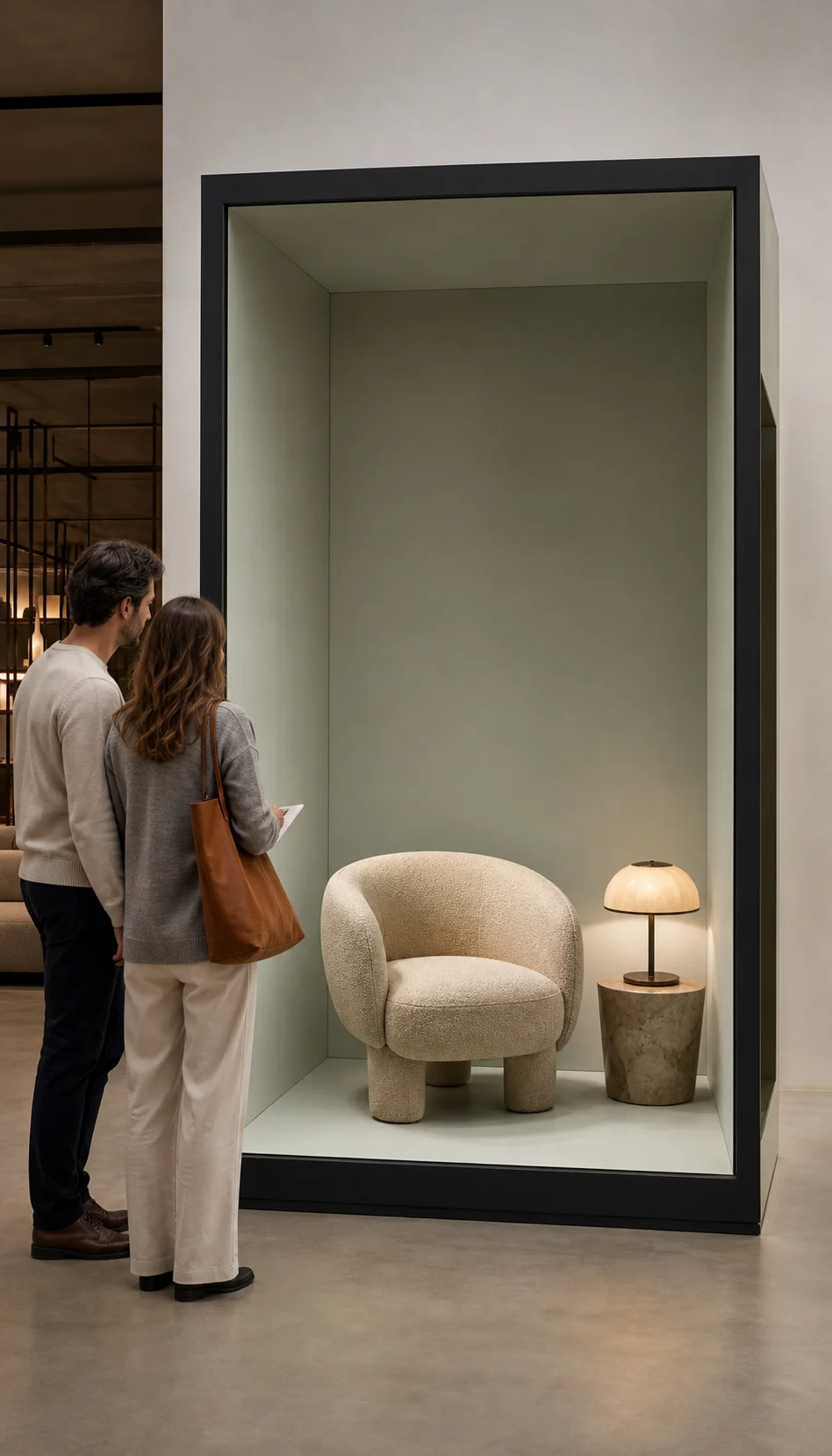 Furniture vignette shown inside a bounded spatial display