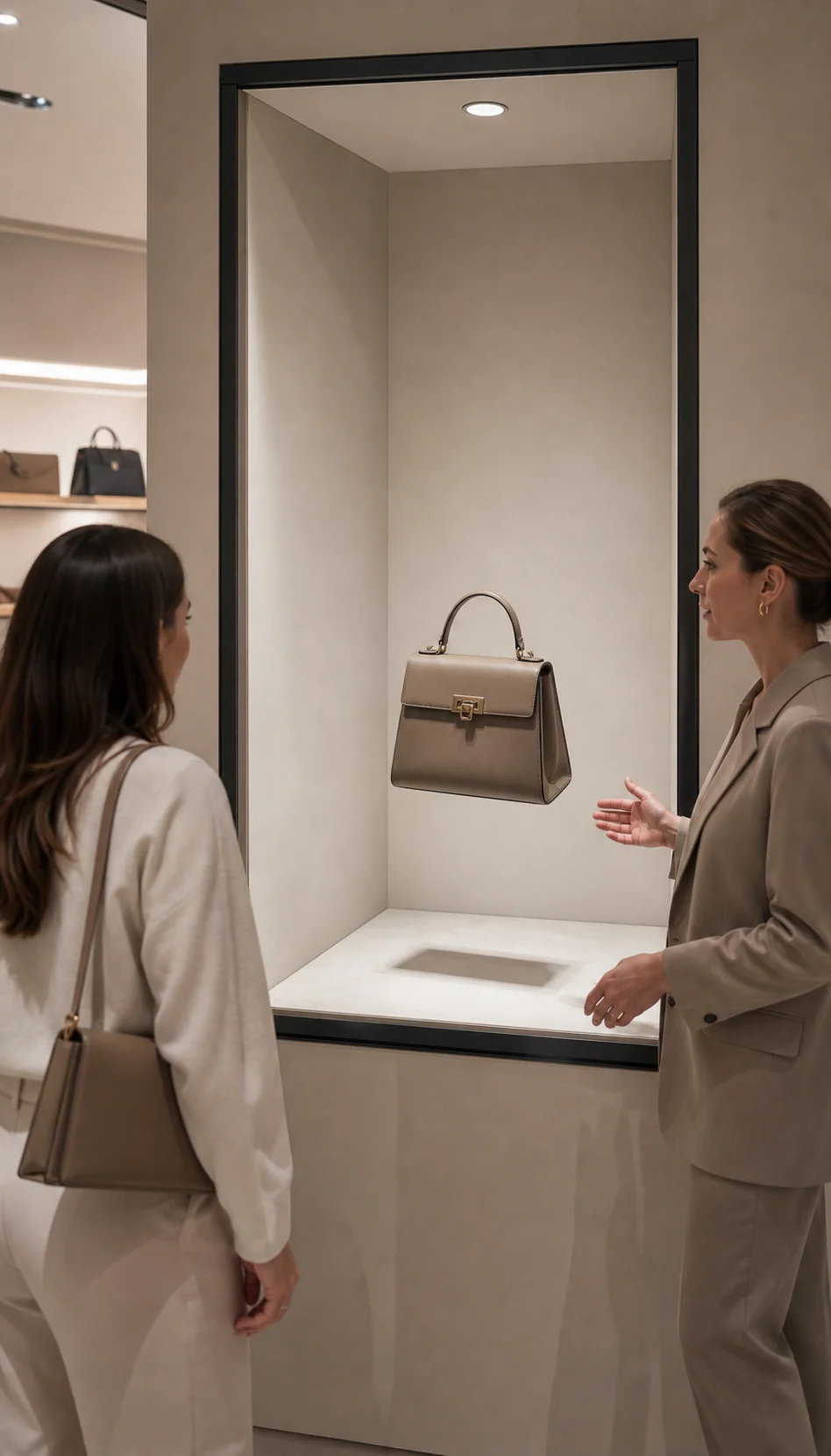 Handbag presented as a dimensional object in a retail chamber