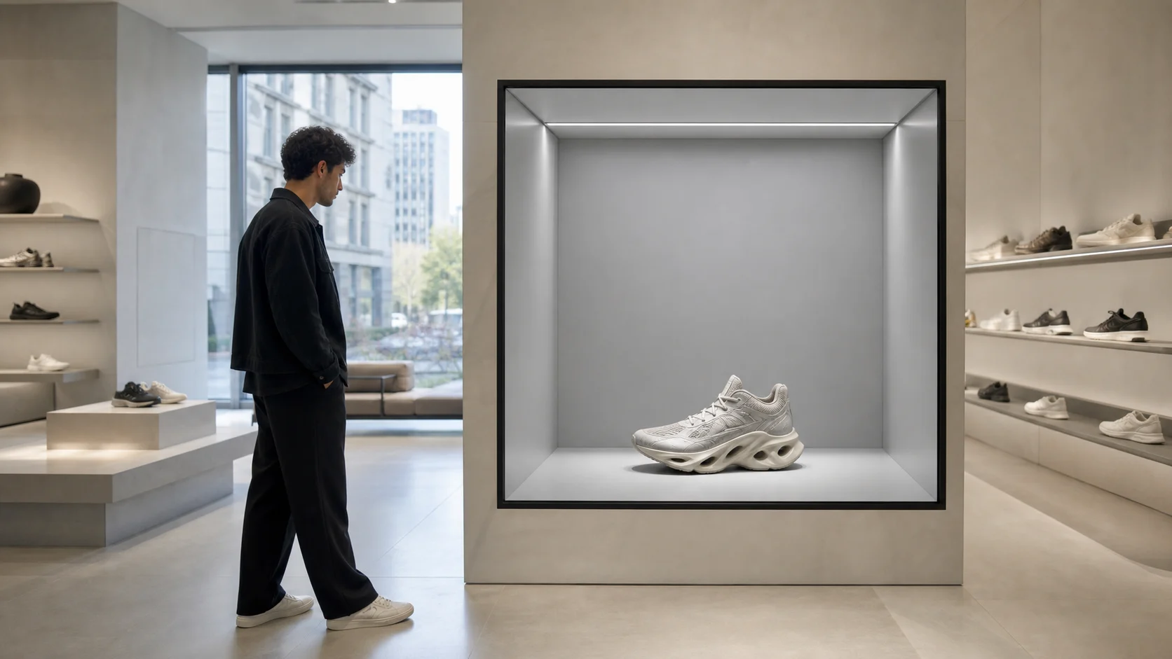 Dimensional footwear presented in a bounded Reality Relay optical chamber inside a modern store