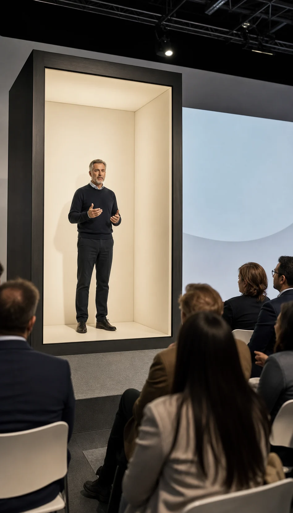 Remote executive addressing a trade-show audience