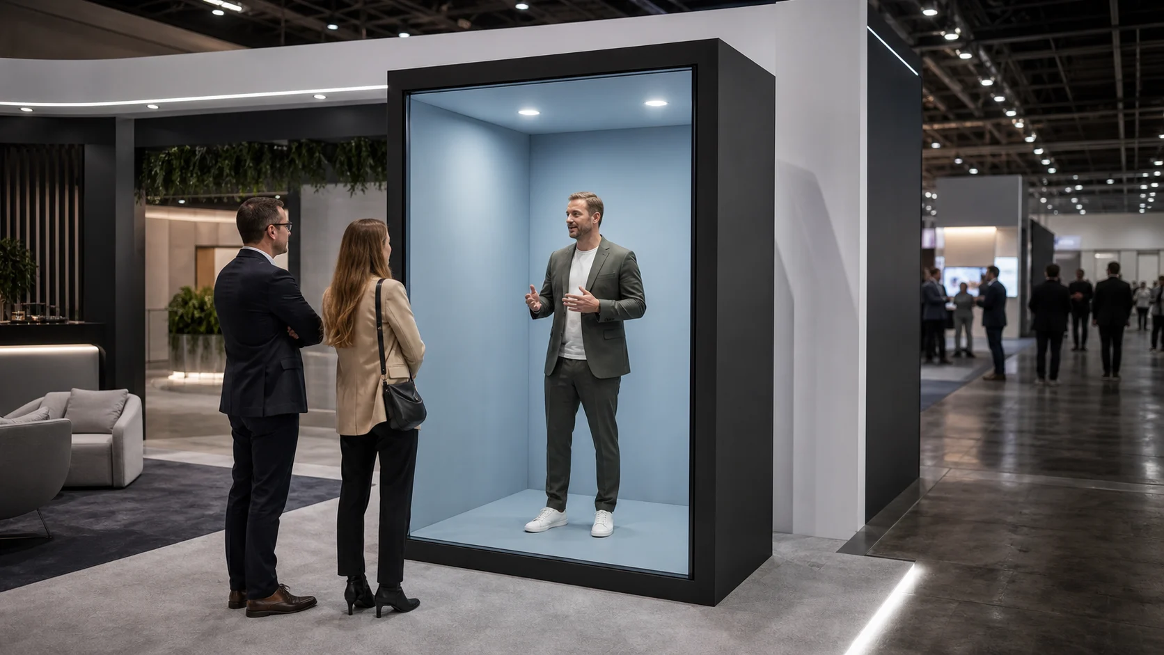 Remote specialist inside a bounded Reality Relay chamber speaking with trade-show attendees