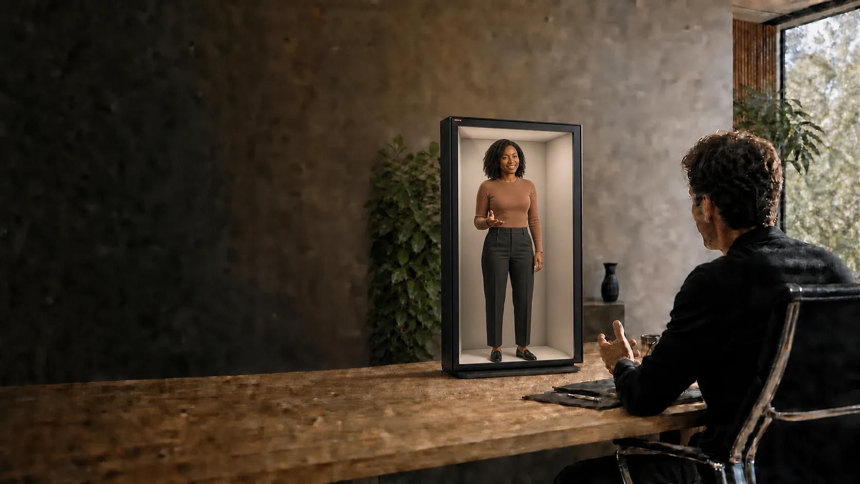 A full-body digital participant grounded inside a portrait presence space