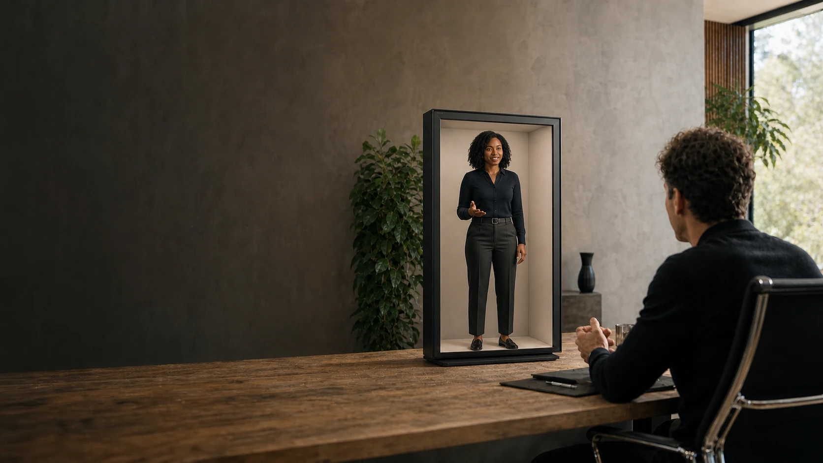 A remote participant appearing inside Reality Relay's recessed presence chamber