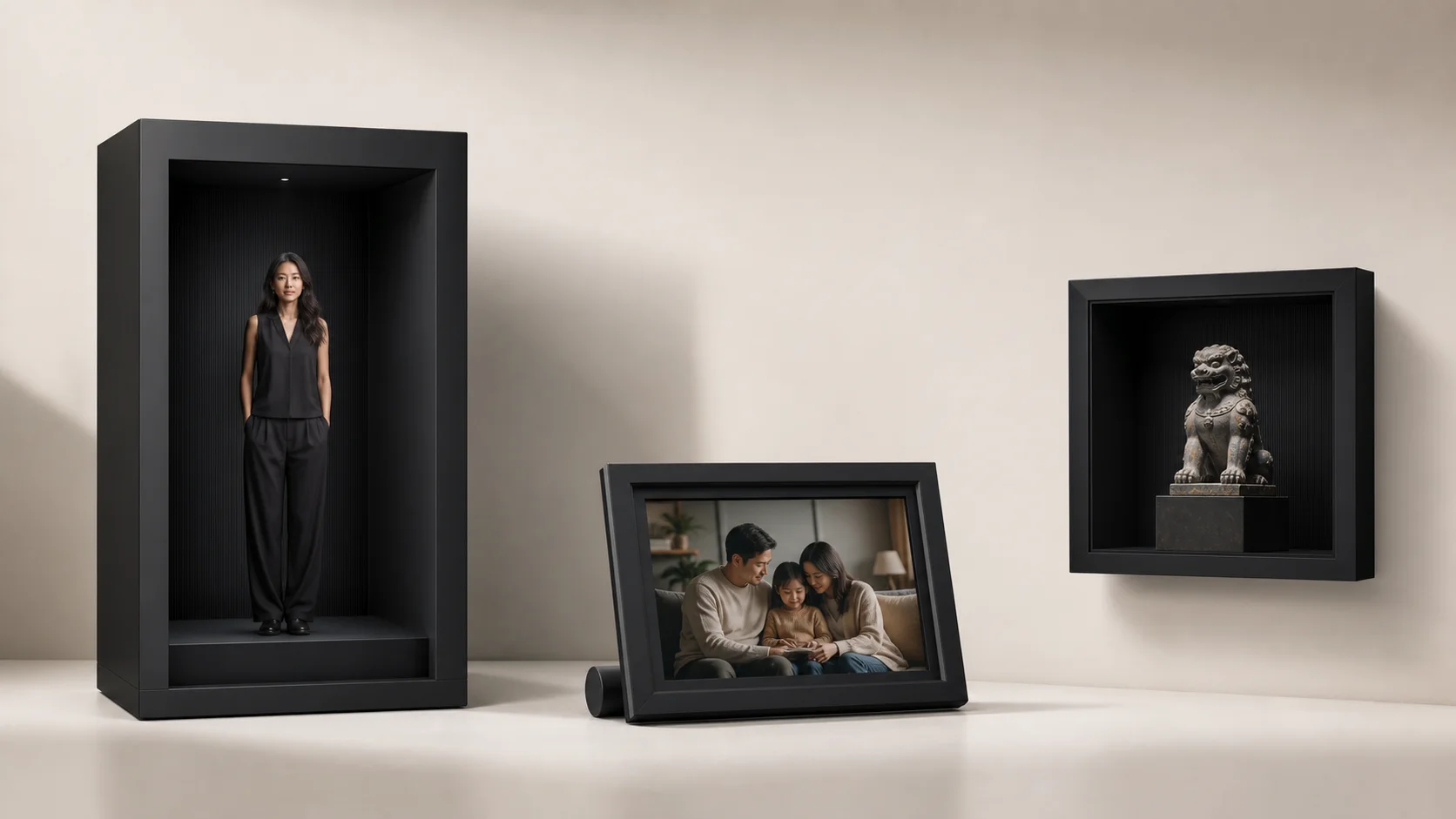 Concept family of a human-scale presence space, personal presence frame and architectural object display