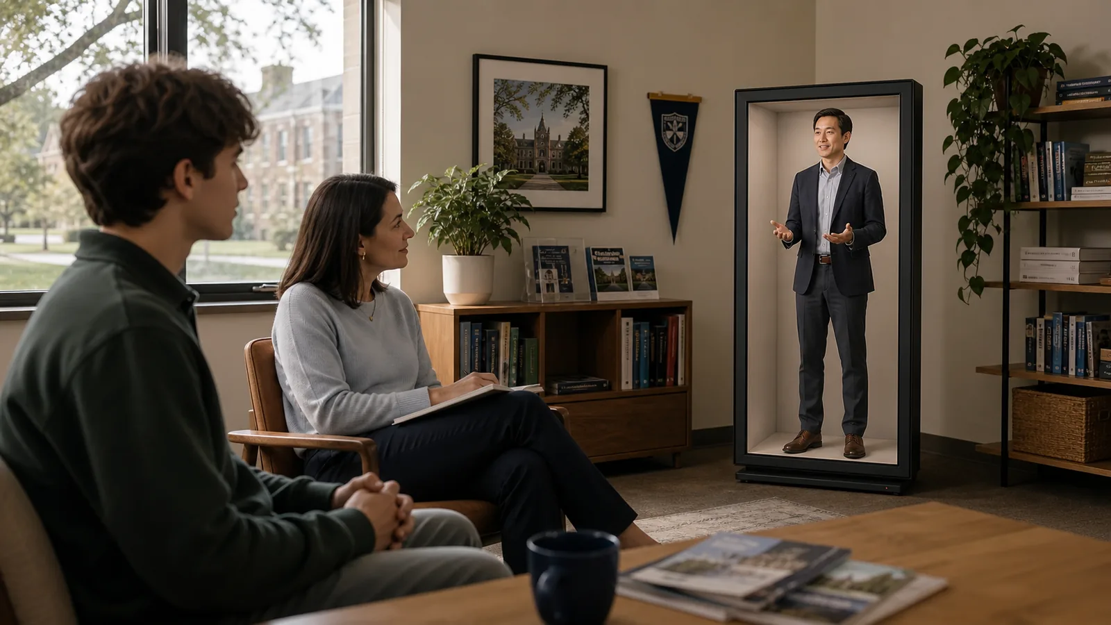 AI-generated Reality Relay concept showing a prospective student and parent meeting a remote admissions counselor