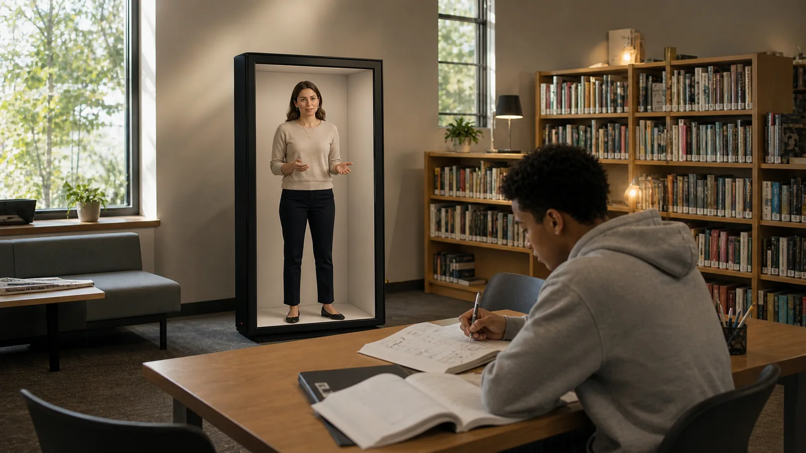 AI-generated Reality Relay concept showing a young learner solving a problem with an attentive remote tutor and a local workbook