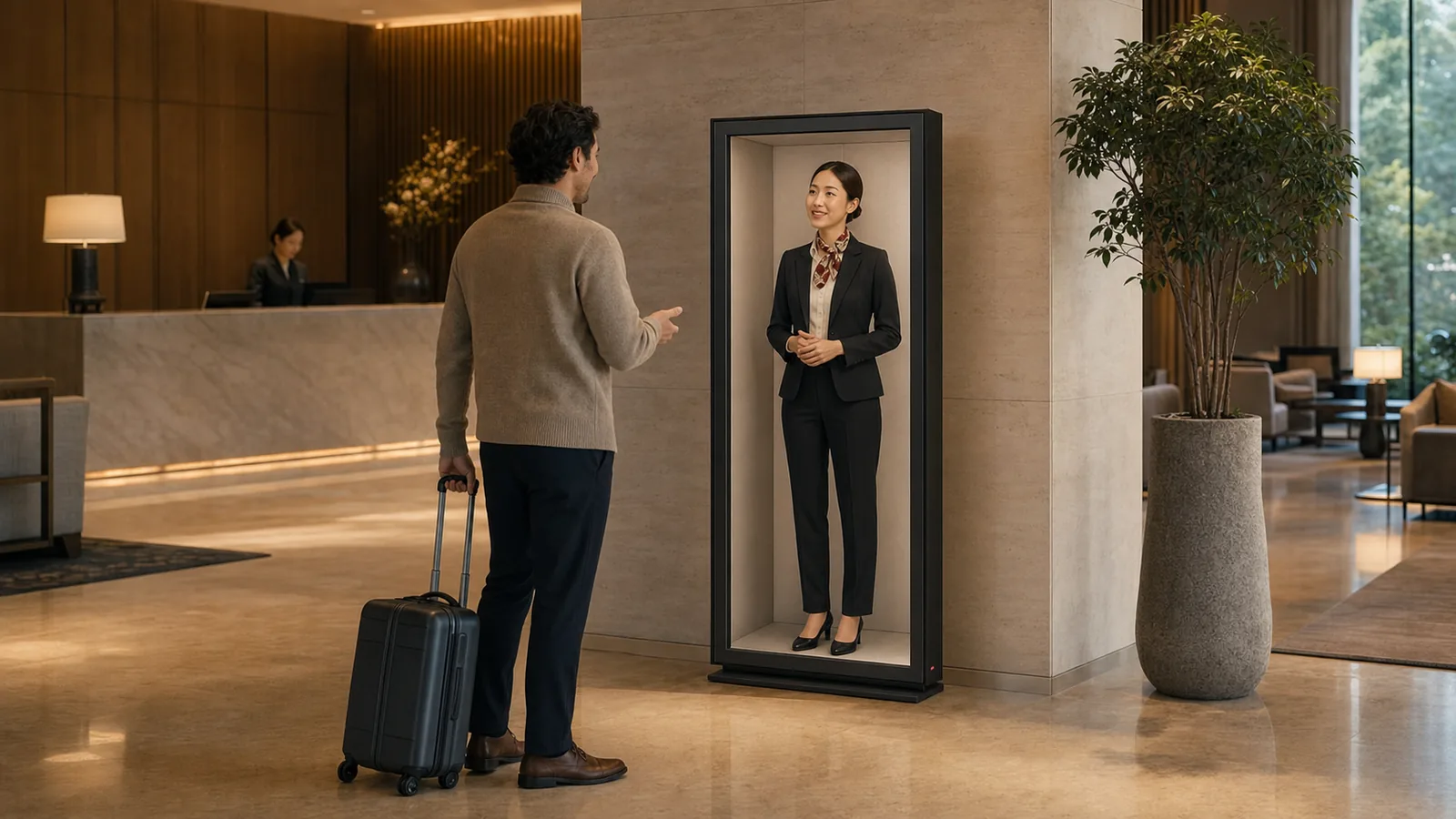 AI-generated Reality Relay concept showing a traveler with a suitcase asking a full-body digital concierge for help
