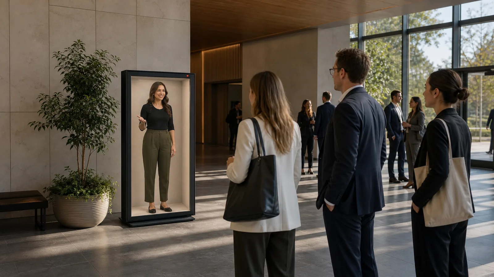 AI-generated Reality Relay concept showing attendees being welcomed and oriented by an expressive full-body AI host