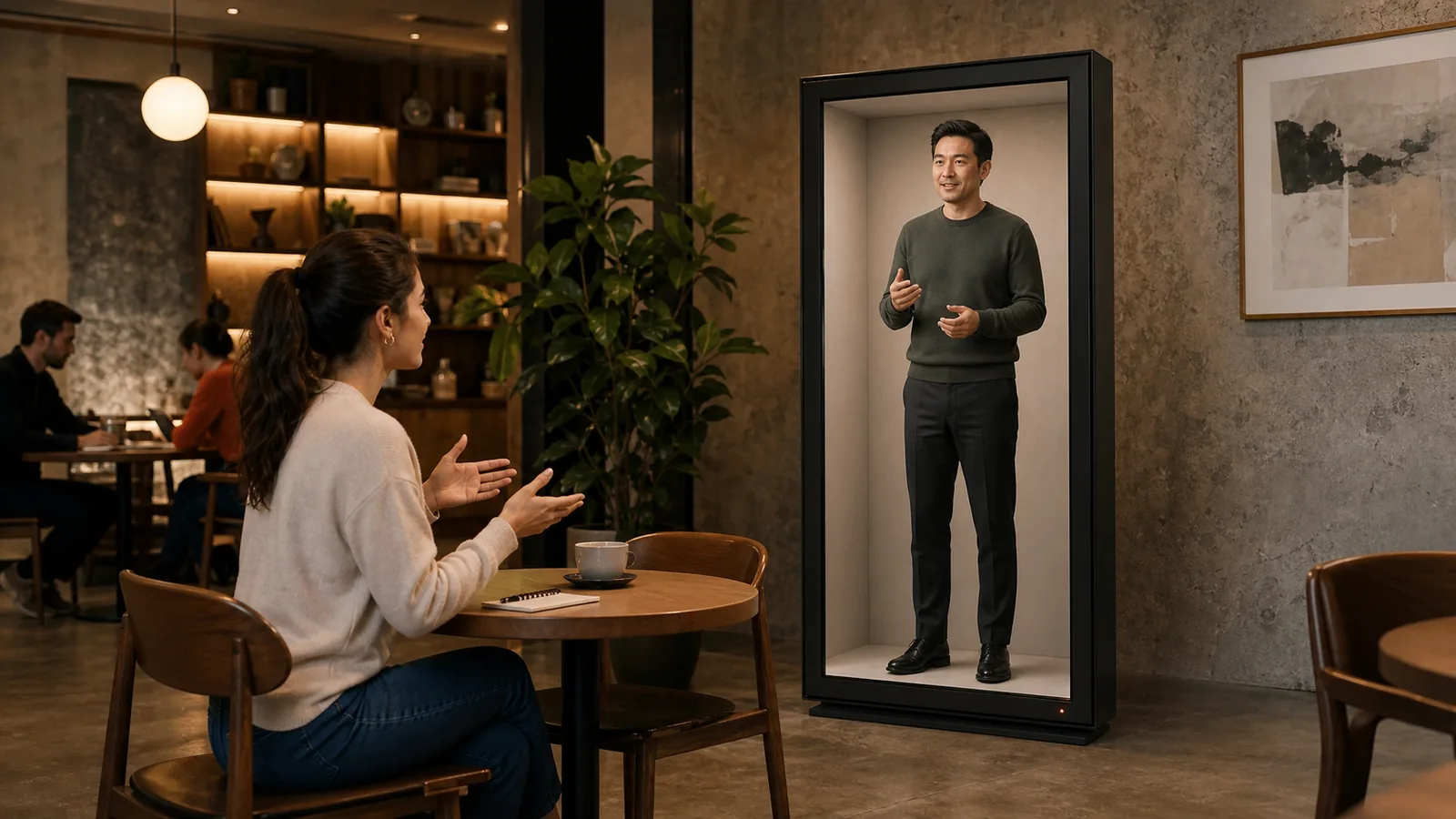 AI-generated Reality Relay concept showing a learner holding a natural conversation with a full-body AI language partner