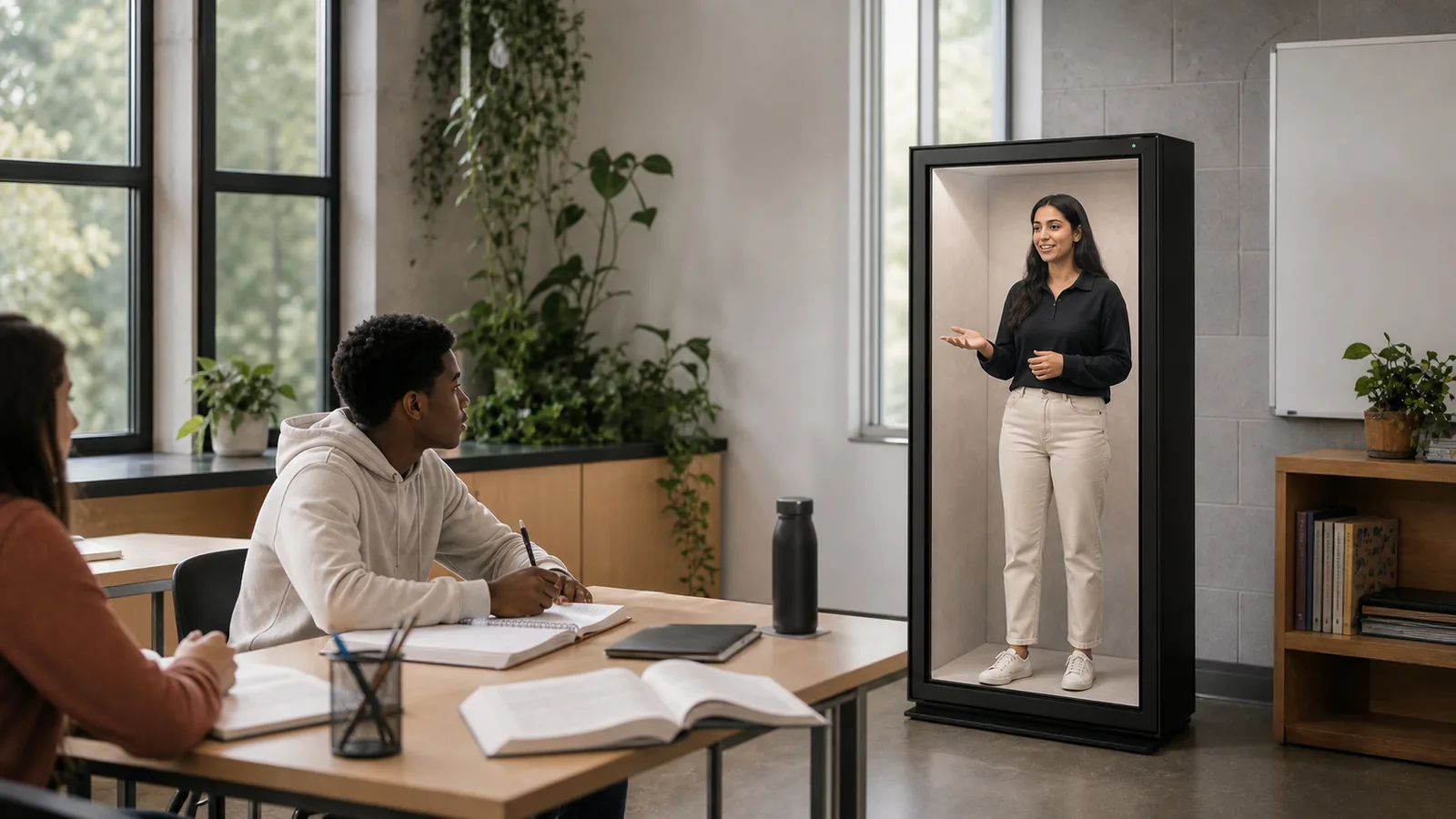 AI-generated Reality Relay concept showing a student practicing a difficult concept with an encouraging full-body AI coach