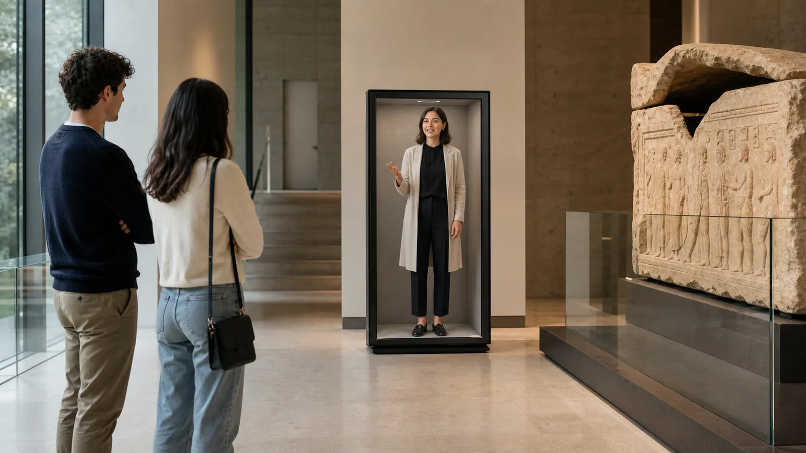 AI-generated Reality Relay concept showing two visitors listening to a full-body AI museum guide beside the exhibit