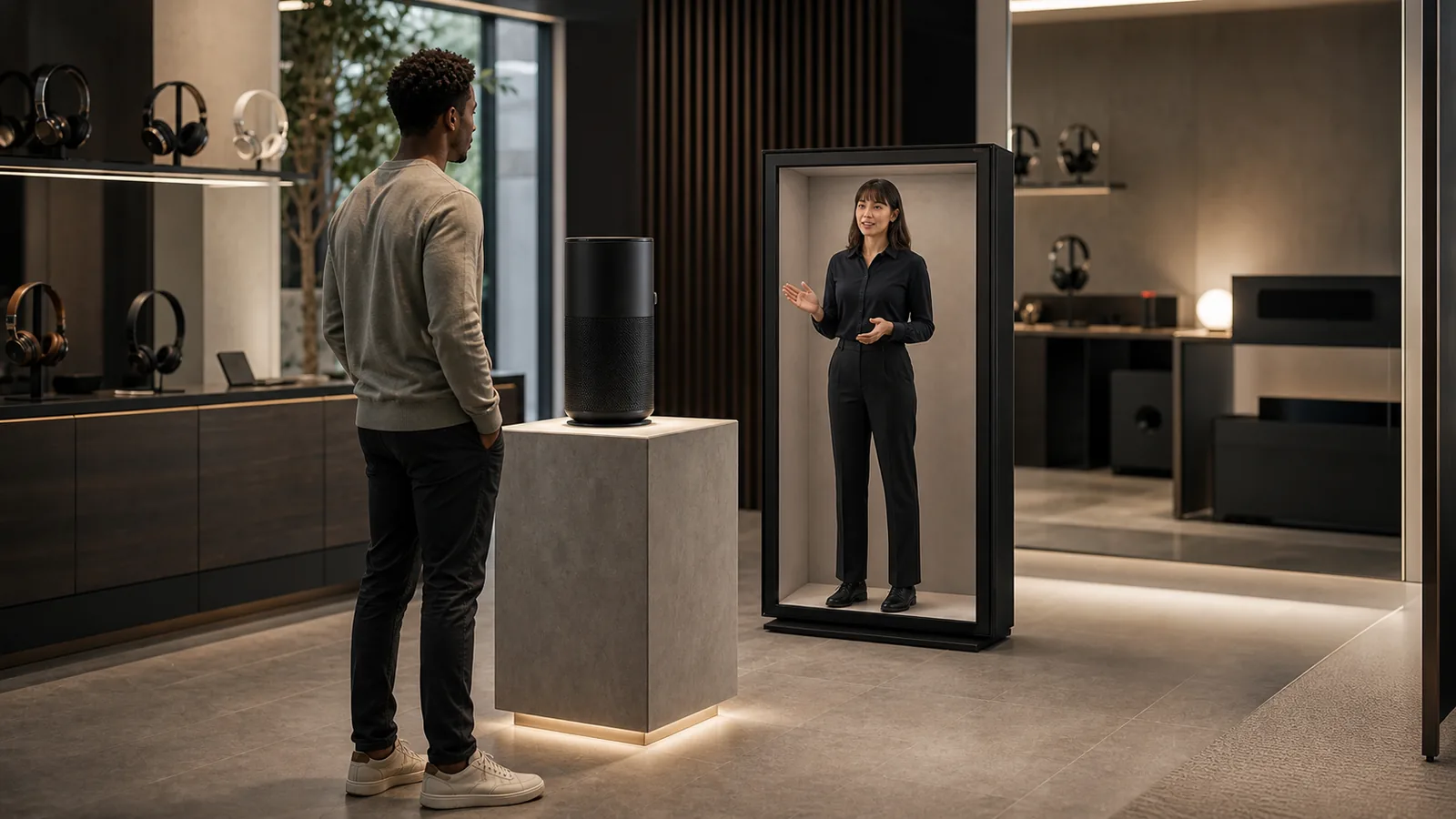 AI-generated Reality Relay concept showing a customer examining the physical product while a full-body AI product expert inside the presence endpoint explains a specific feature