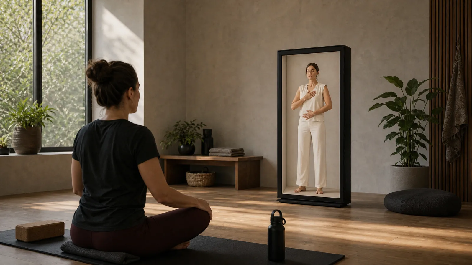 AI-generated Reality Relay concept showing an adult following a gentle breathing and posture exercise led by a disclosed AI guide