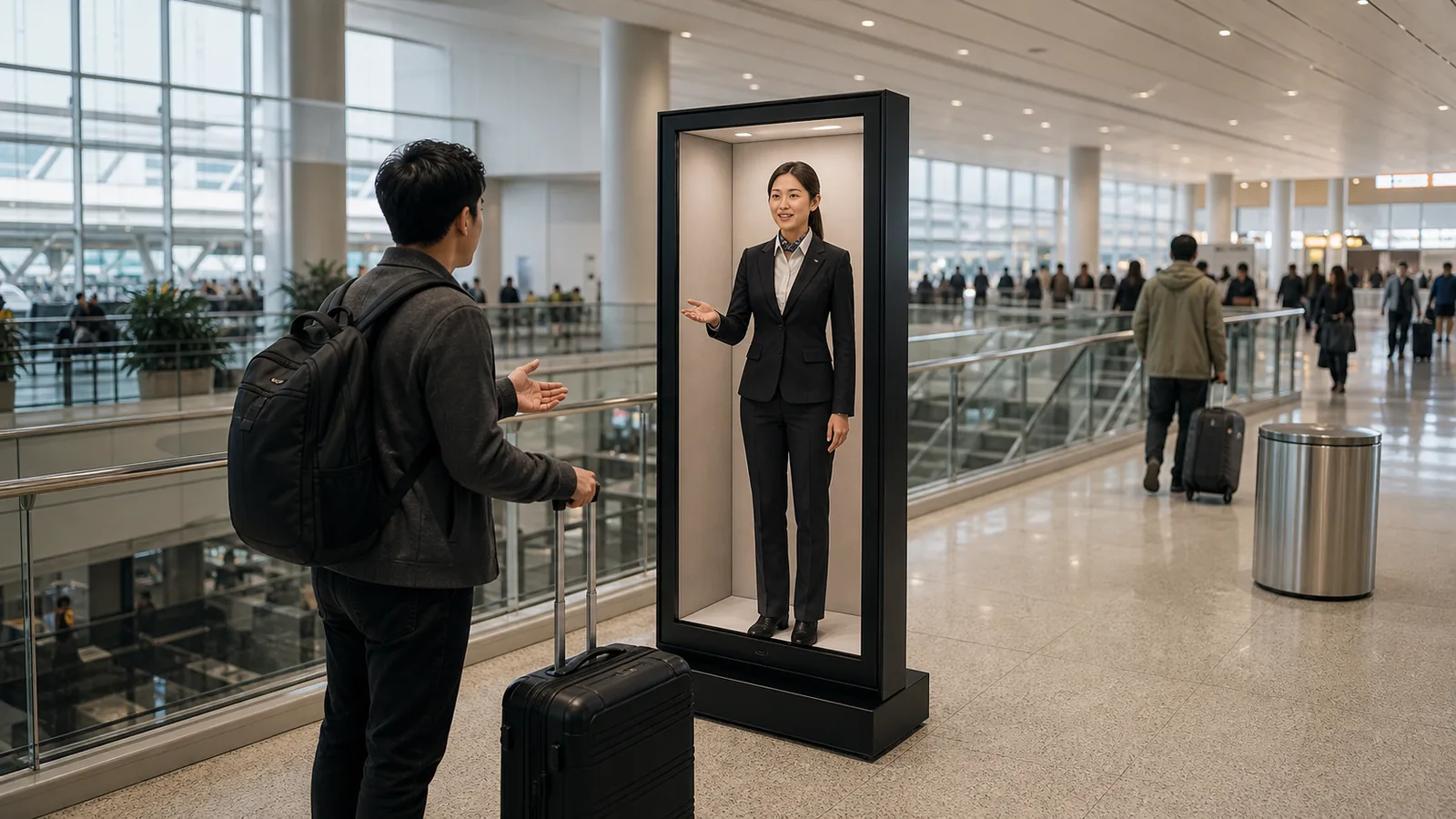 AI-generated Reality Relay concept showing a passenger with luggage asking a multilingual presence host for the correct route