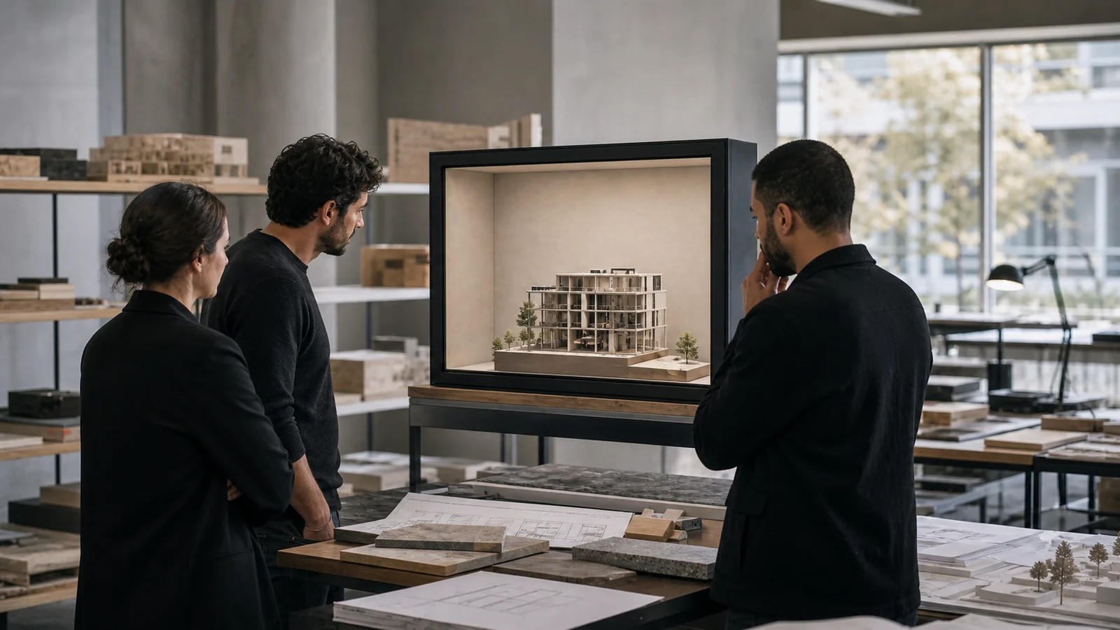 AI-generated Reality Relay concept showing local and remote stakeholders comparing a dimensional building proposal and real materials