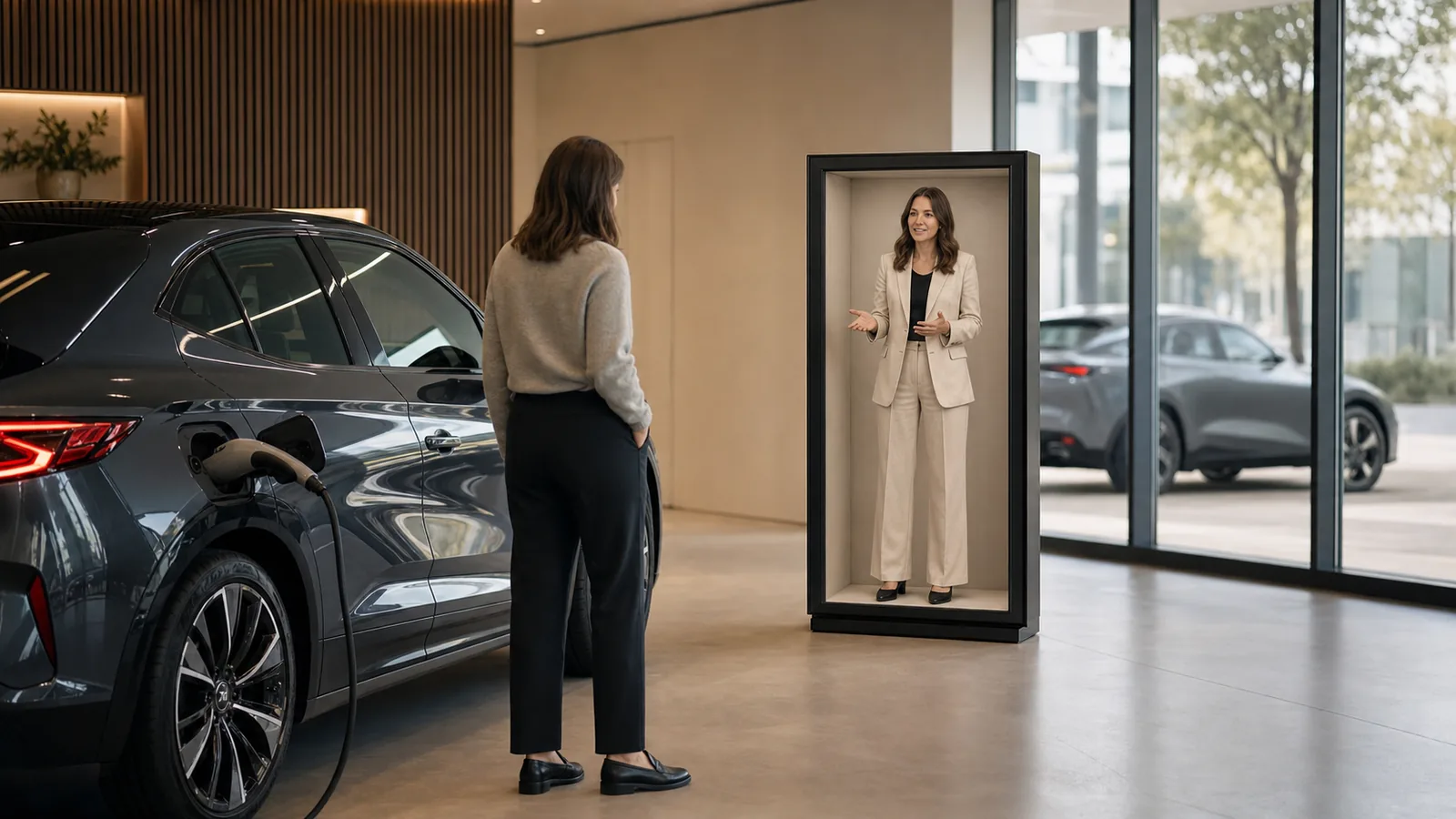 AI-generated Reality Relay concept showing a customer consulting a remote product specialist about a specific vehicle feature
