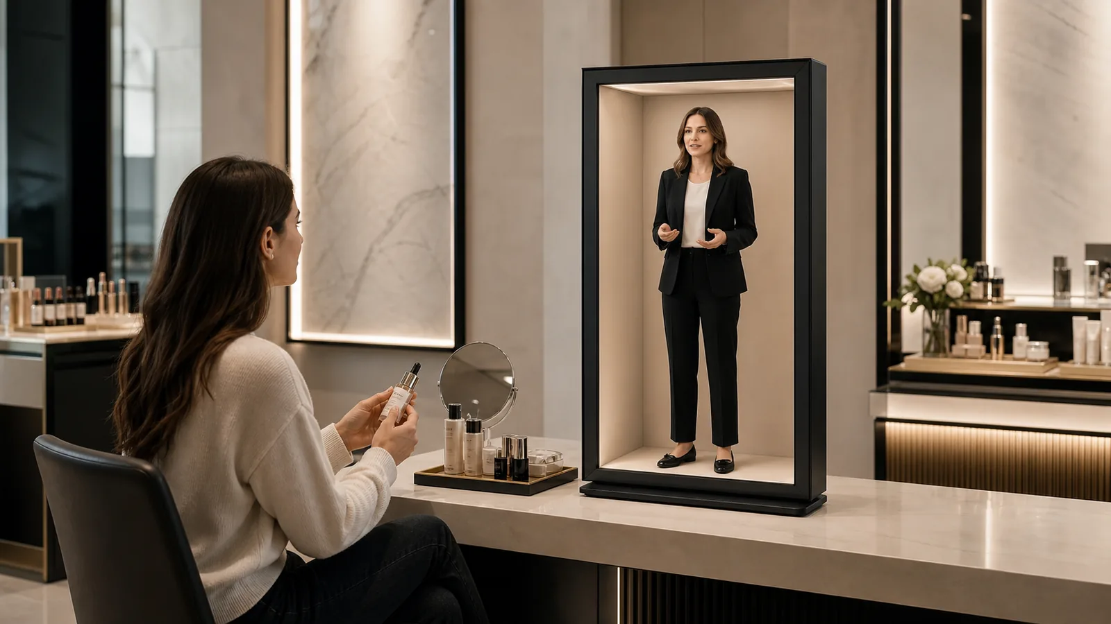 AI-generated Reality Relay concept showing a customer receiving a live remote consultation while holding a physical product sample