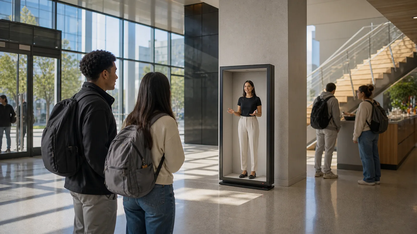 AI-generated Reality Relay concept showing new students being welcomed and oriented by a visible remote campus host