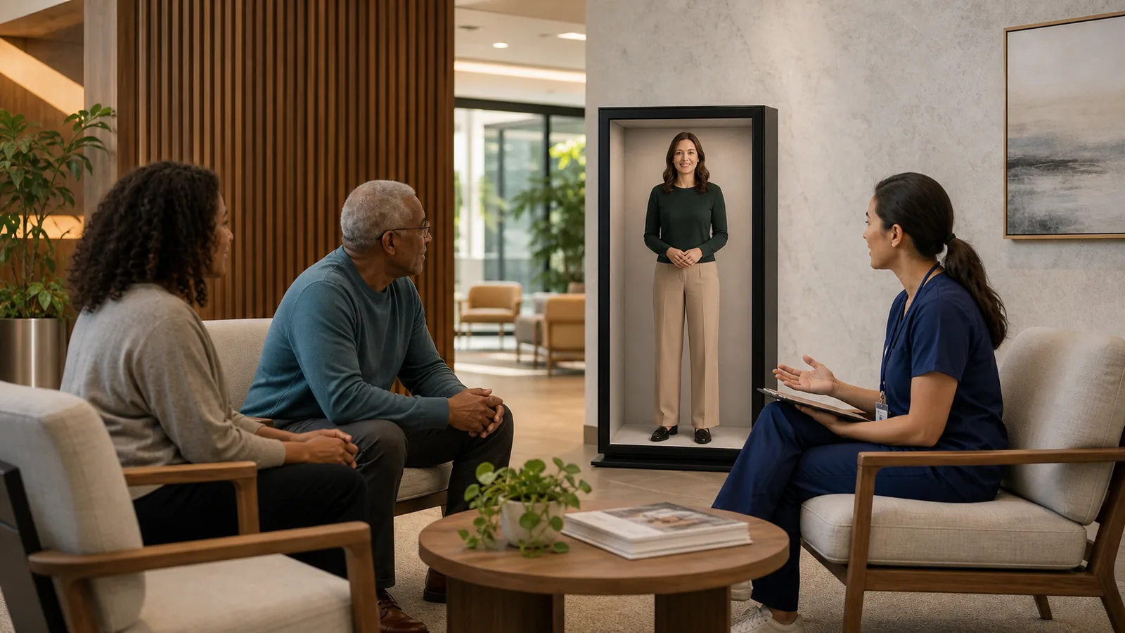 AI-generated Reality Relay concept showing a patient and family member speaking with a visible care navigator about next steps