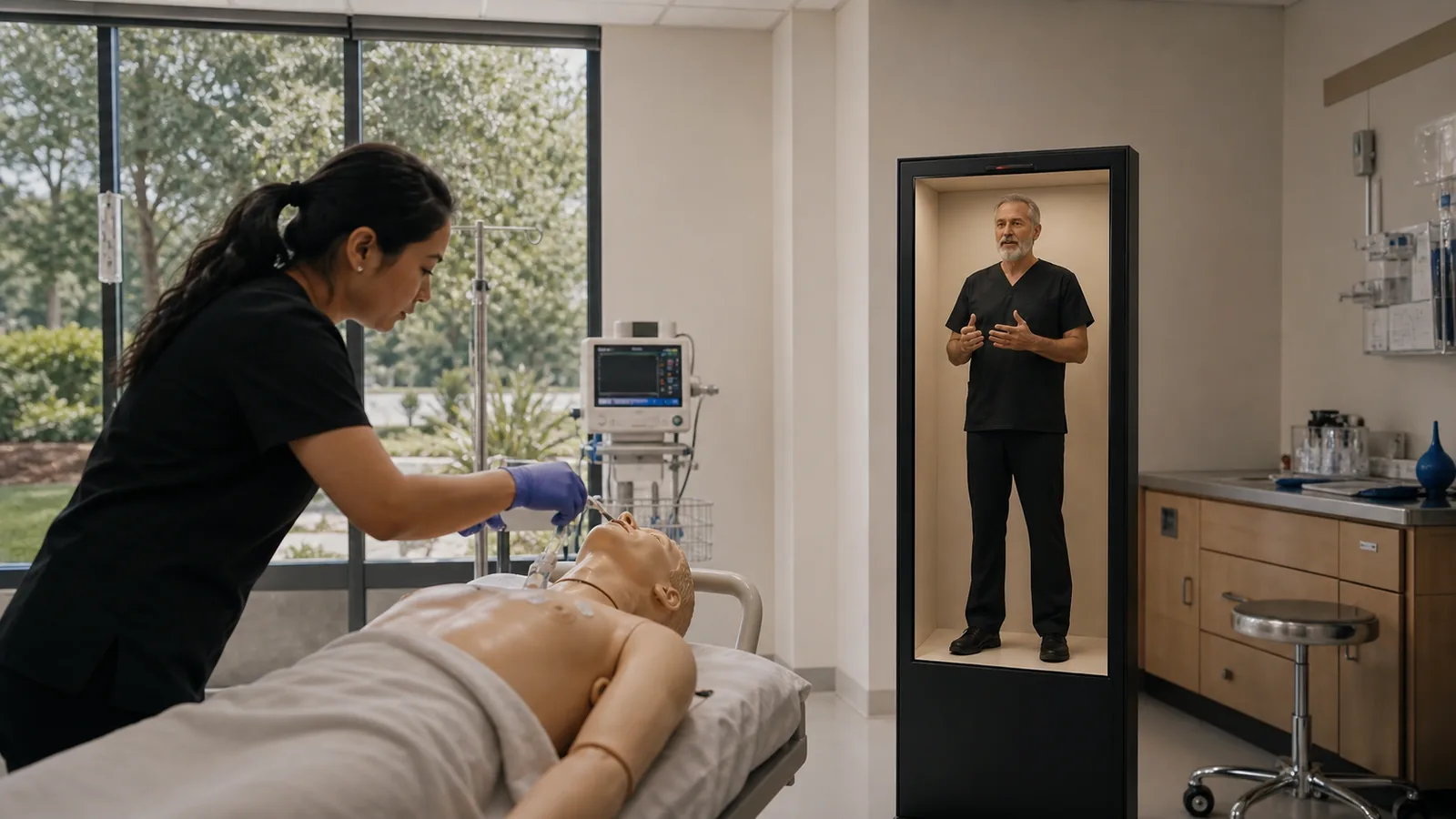 AI-generated Reality Relay concept showing a qualified remote educator observing and coaching a clinician through a practice procedure