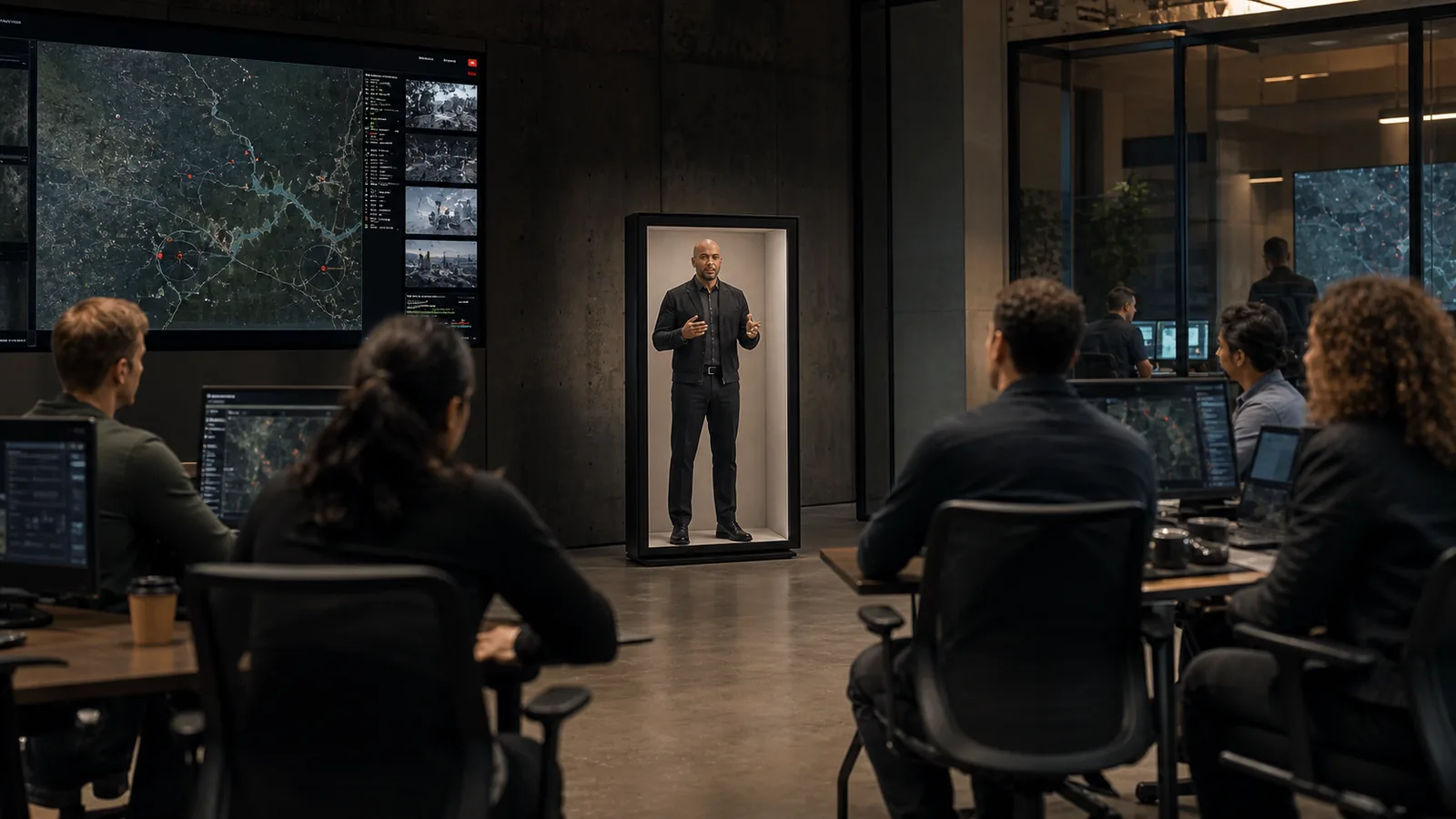 AI-generated Reality Relay concept showing a remote incident specialist briefing a seated response team during a defined decision moment