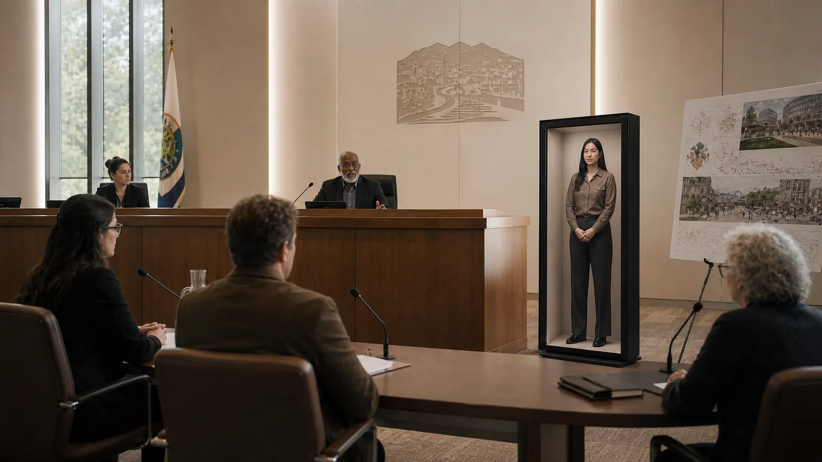 AI-generated Reality Relay concept showing a remote community participant speaking with equal visual presence beside the shared evidence