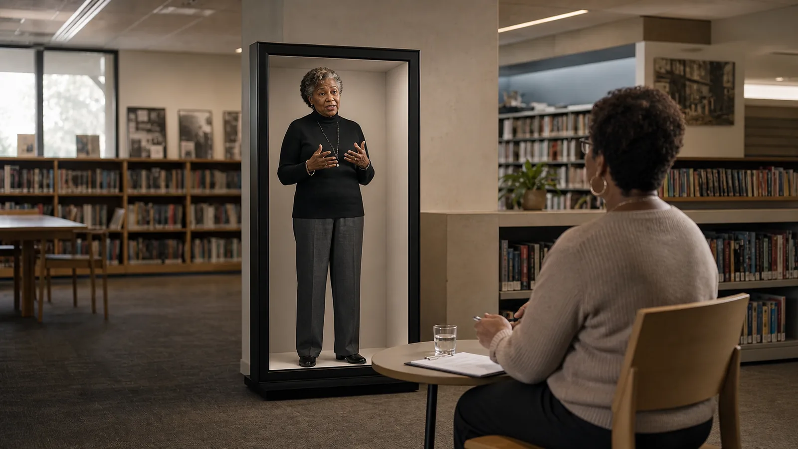 AI-generated Reality Relay concept showing a resident telling a story to a visible interviewer with simple recording consent cues
