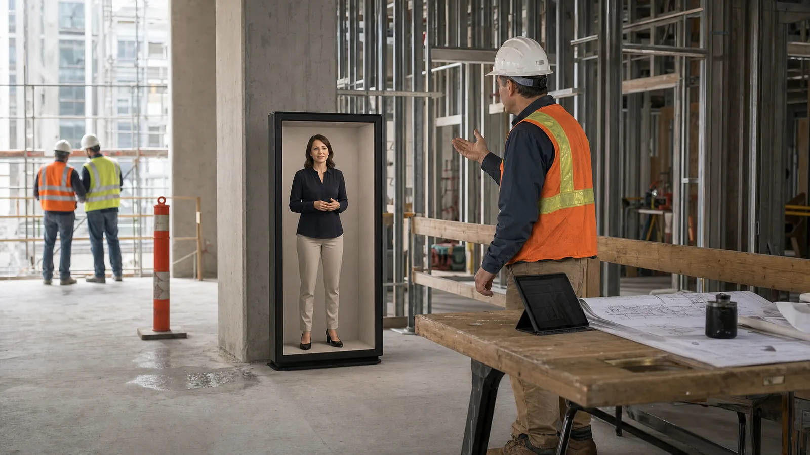 AI-generated Reality Relay concept showing a superintendent and remote designer resolving a condition visible in the background