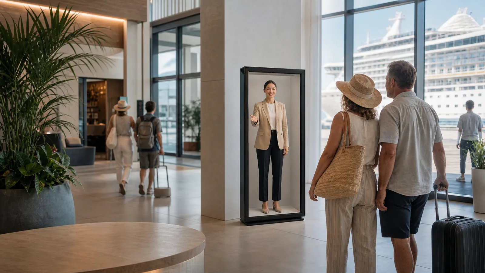 AI-generated Reality Relay concept showing travelers being welcomed and oriented by a visible local destination host