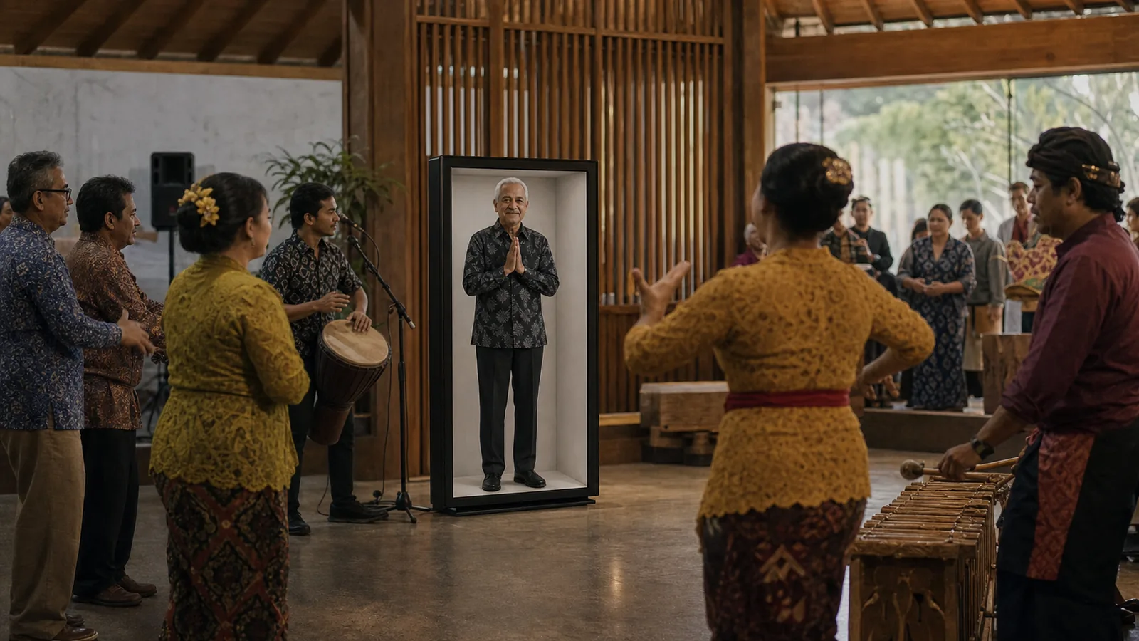 AI-generated Reality Relay concept showing a remote artist or elder participating visibly in a local celebration