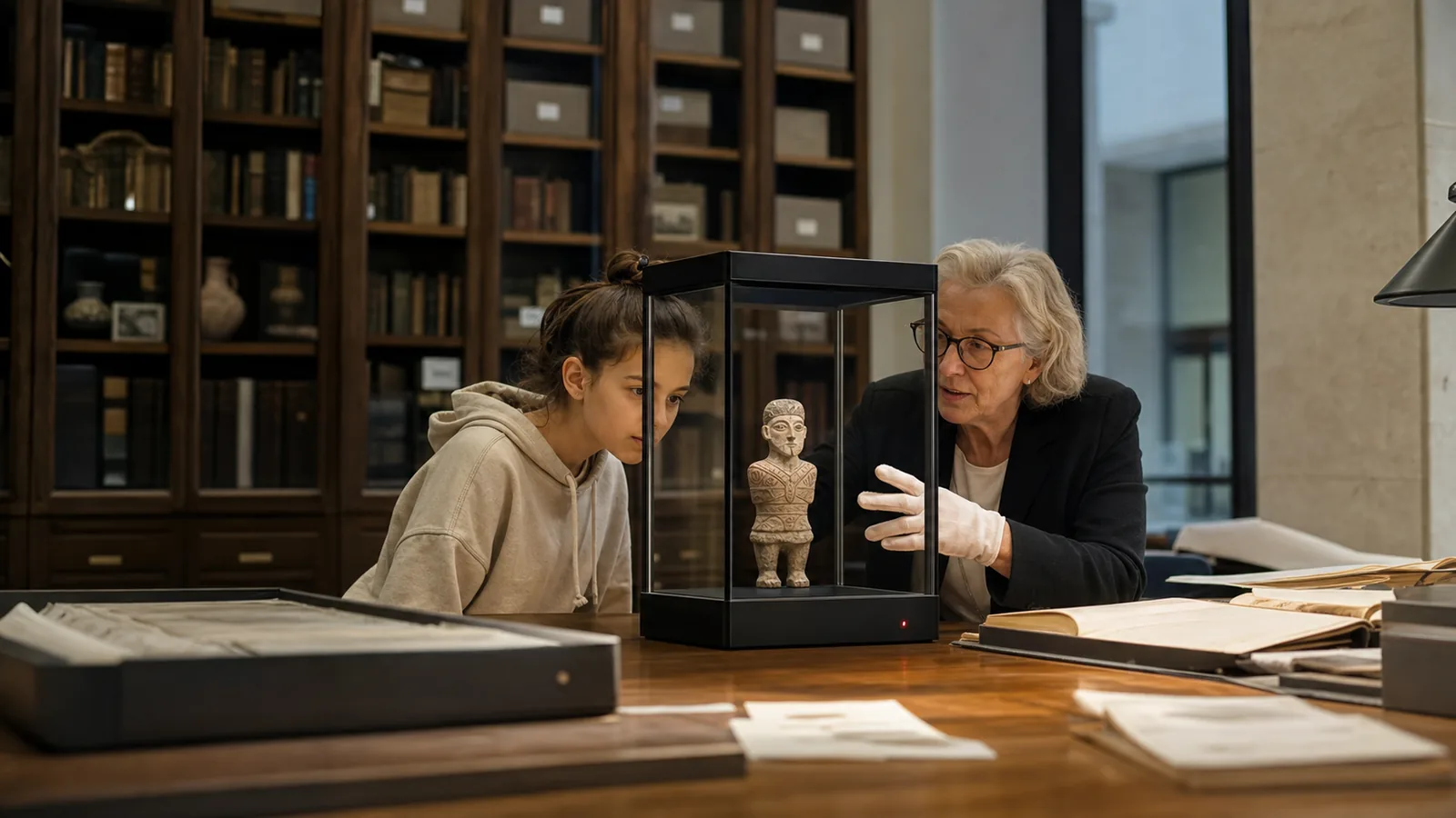 AI-generated Reality Relay concept showing an elder and young visitor exploring a dimensional heritage object with visible provenance