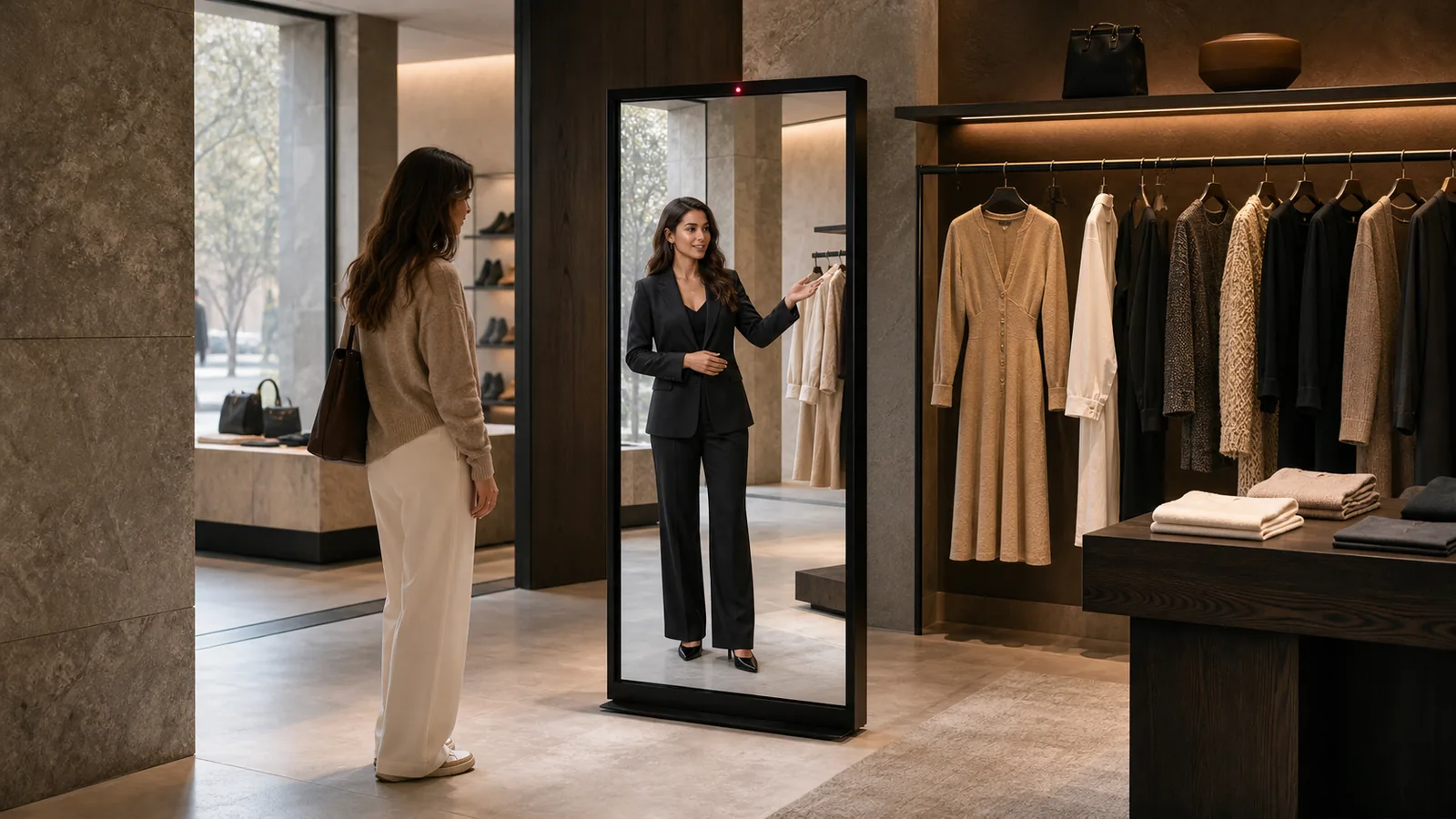 AI-generated Reality Relay concept showing a shopper considering a recommendation from a full-body digital brand ambassador
