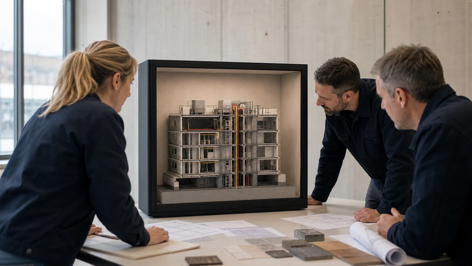AI-generated Reality Relay concept showing an operator and remote specialist examining a legible dimensional building-state model