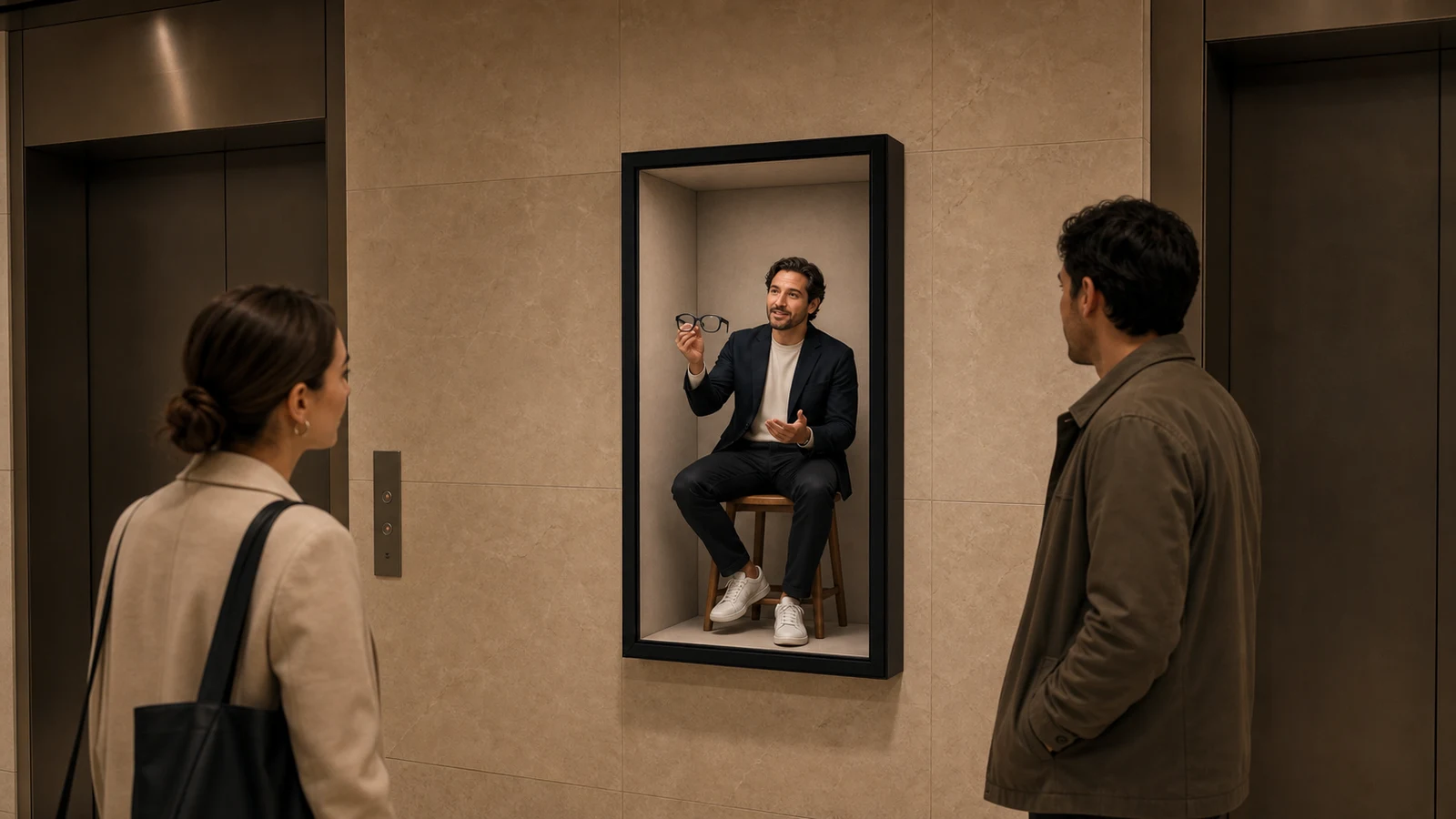 AI-generated Reality Relay concept showing a visitor pausing before a compact portrait spatial display containing one dimensional luxury product
