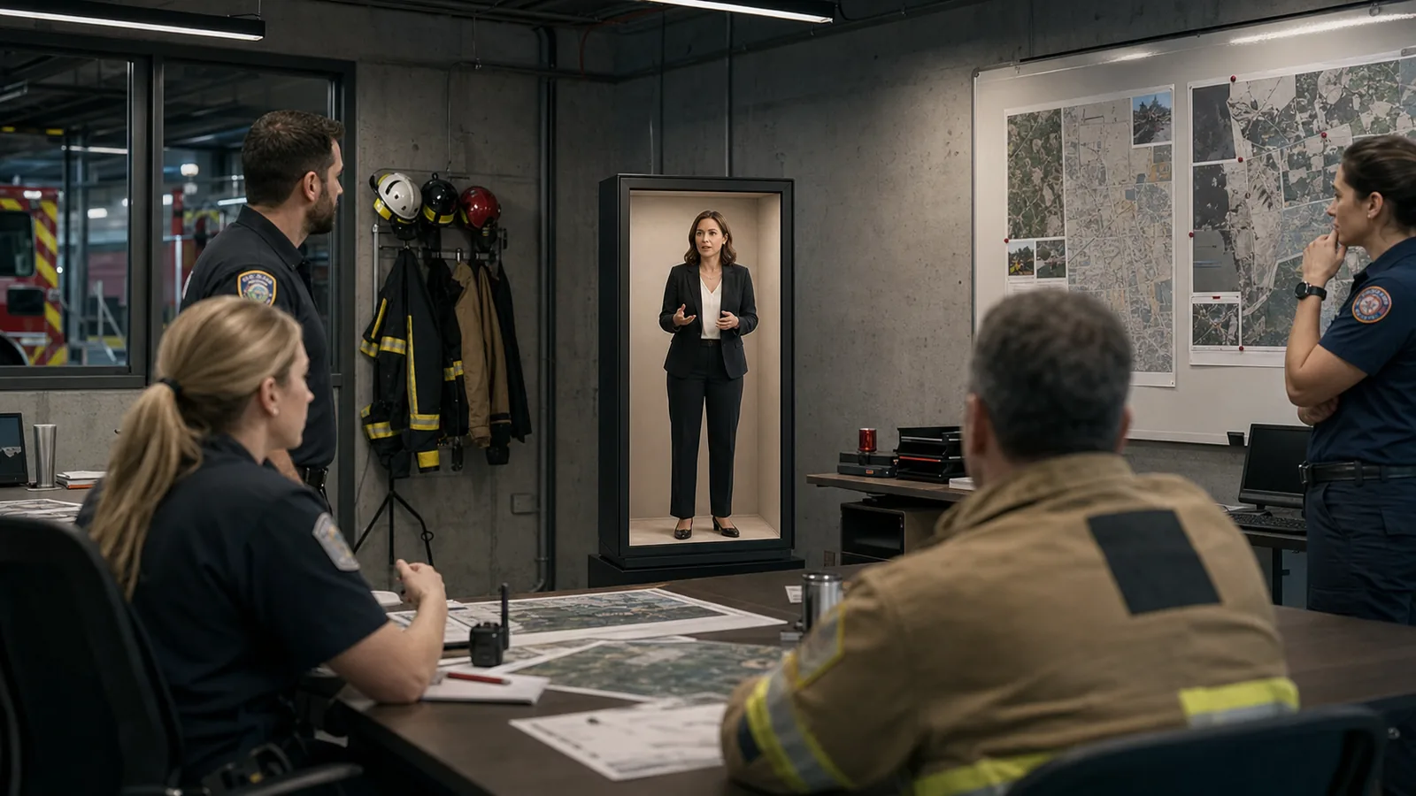 AI-generated Reality Relay concept showing a response team receiving a changing scenario briefing from a remote exercise controller