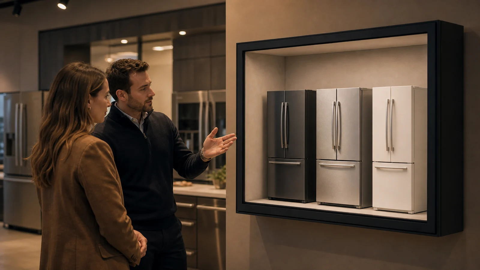 AI-generated Reality Relay concept showing a shopper comparing unavailable product variants in a spatial catalog with a nearby advisor