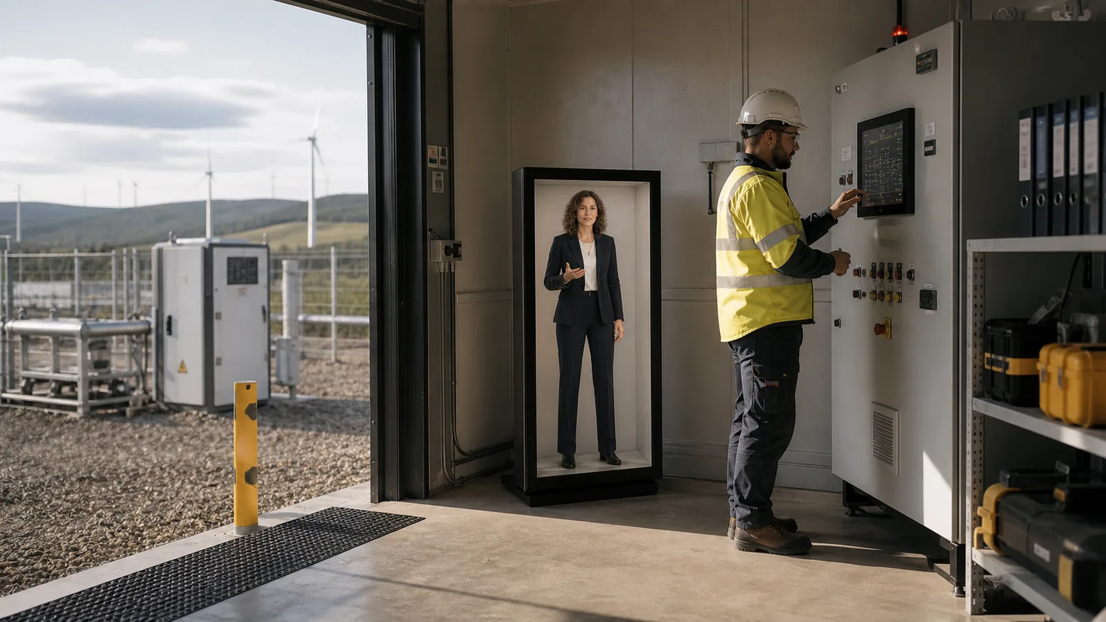 AI-generated Reality Relay concept showing a qualified local operator consulting a remote specialist while retaining physical control