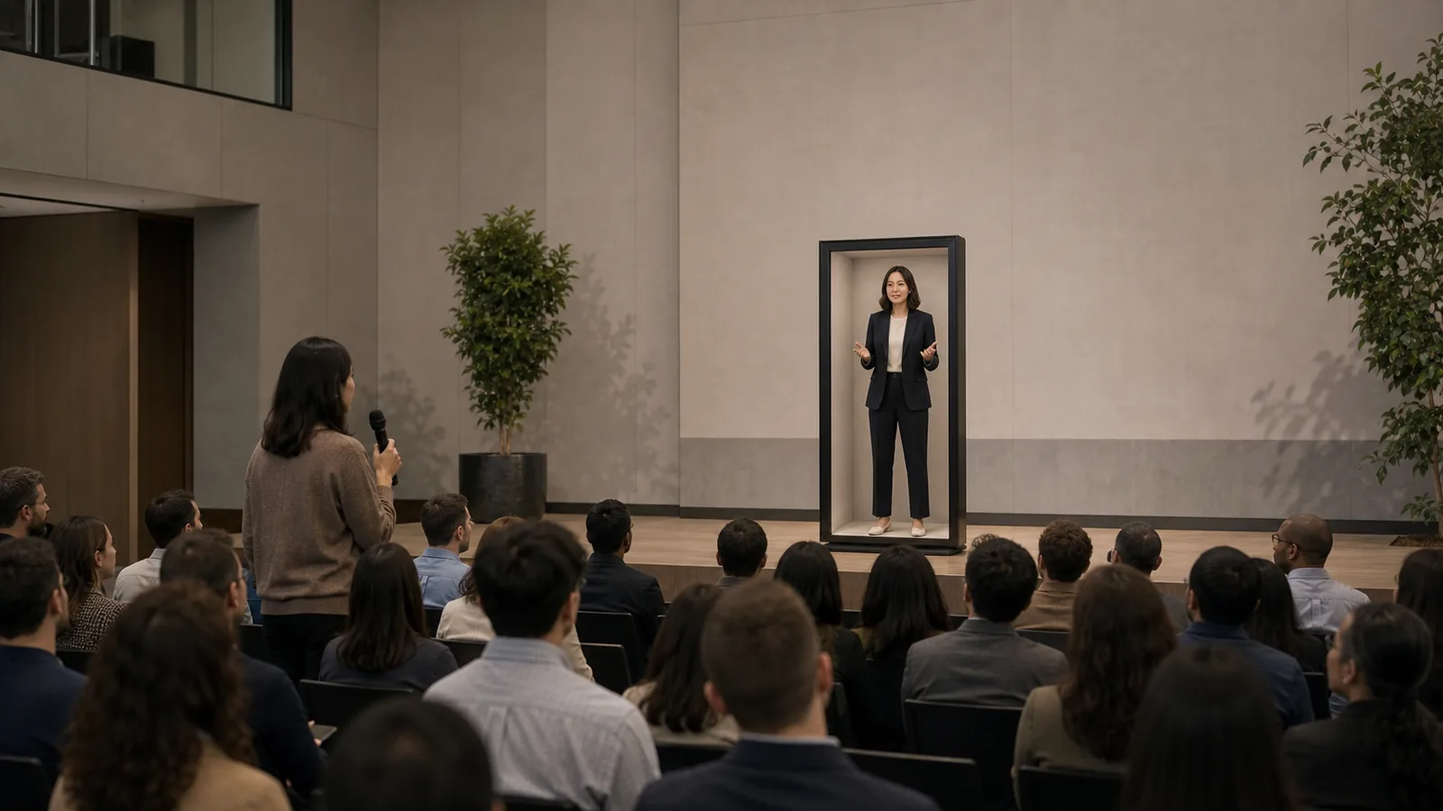 AI-generated Reality Relay concept showing a remote executive appearing at the front of the room and answering a live question