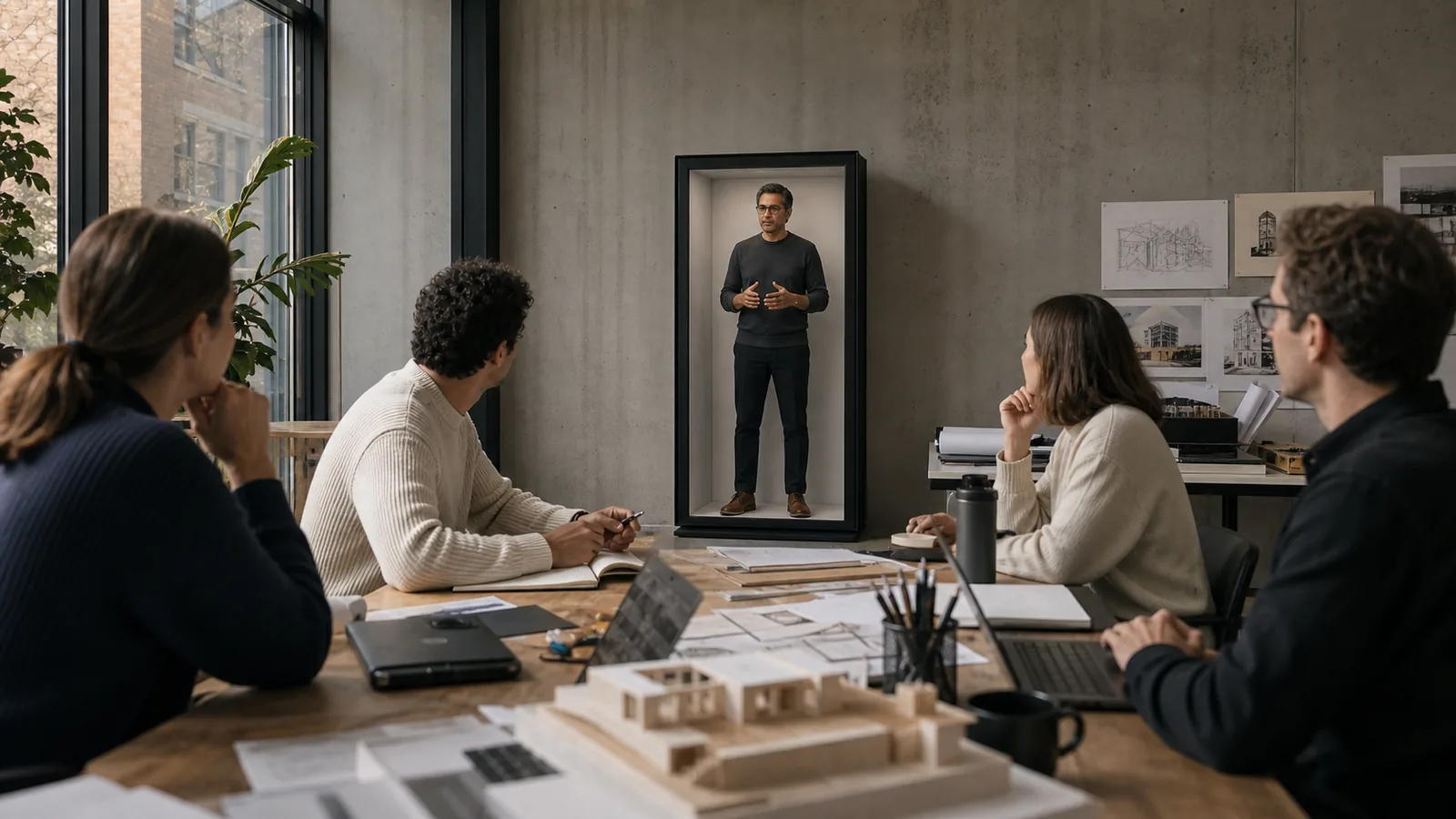AI-generated Reality Relay concept showing a small team asking a remote expert a precise question beside their working materials