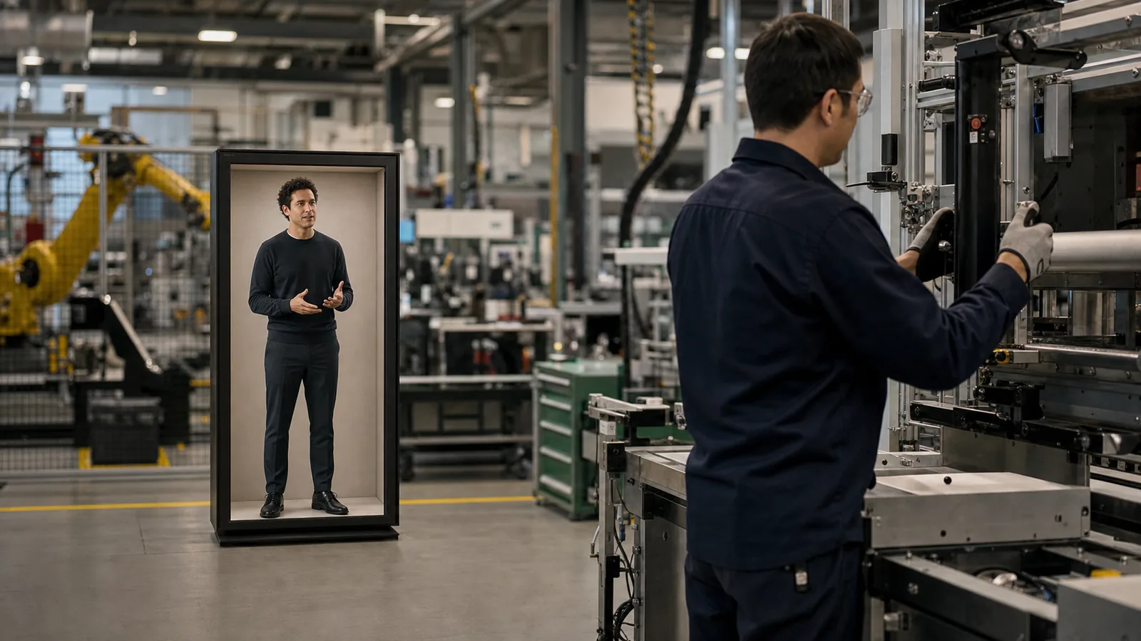 AI-generated Reality Relay concept showing a worker receiving remote changeover guidance without looking away from the equipment