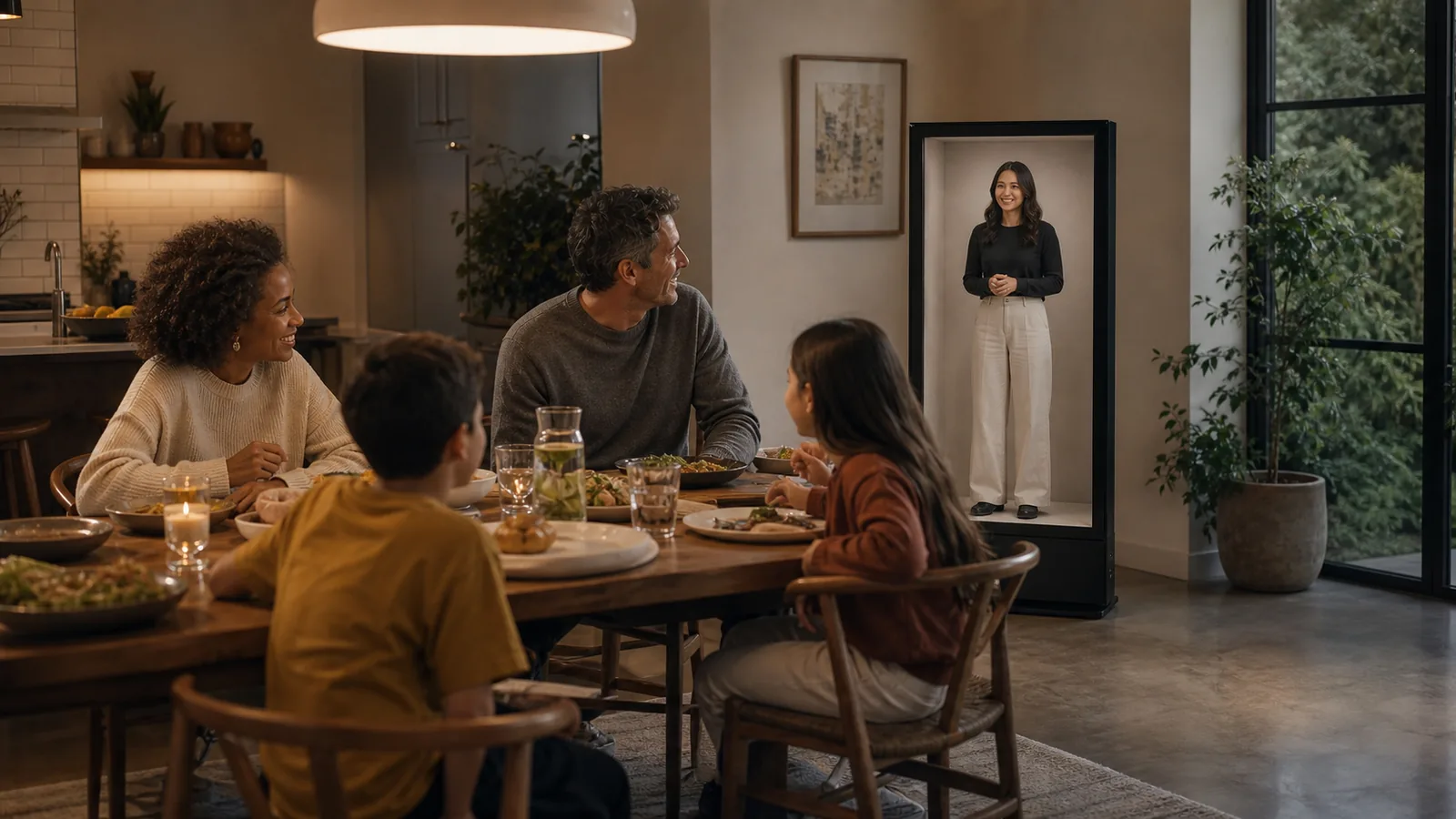 AI-generated Reality Relay concept showing a distant family member occupying a stable social place in the room