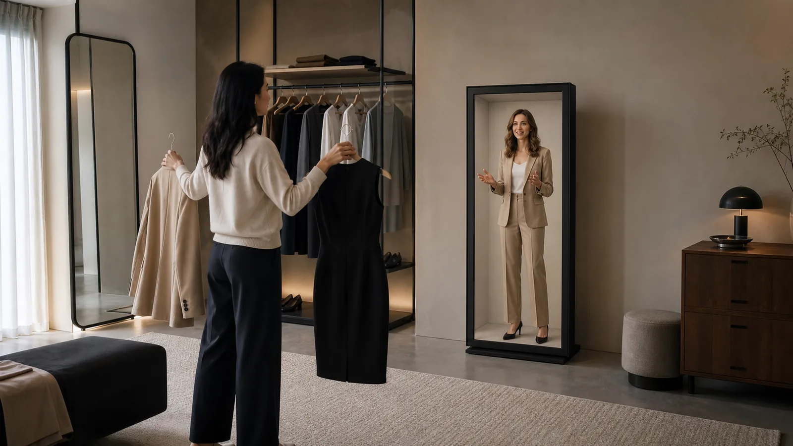 AI-generated Reality Relay concept showing a client discussing two outfit options with a remote full-body stylist