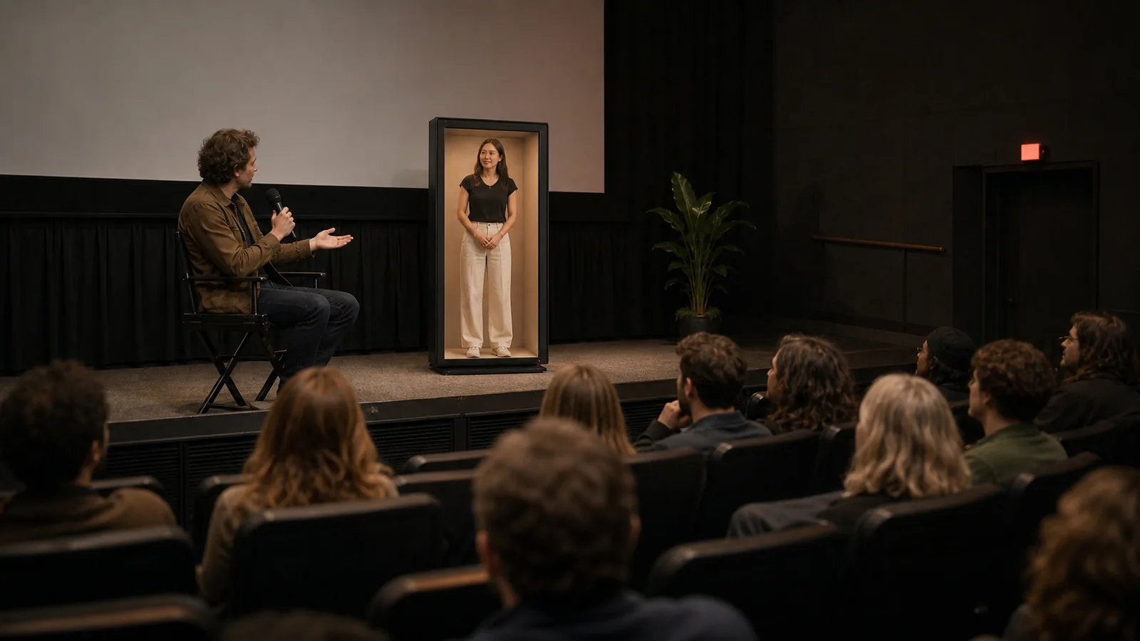AI-generated Reality Relay concept showing the filmmaker appearing at the front for a live audience question
