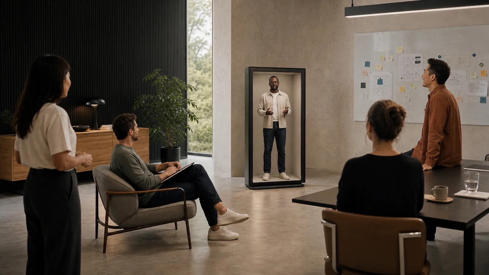 AI-generated Reality Relay concept showing remote and local colleagues sharing a brief team ritual without laptop screens
