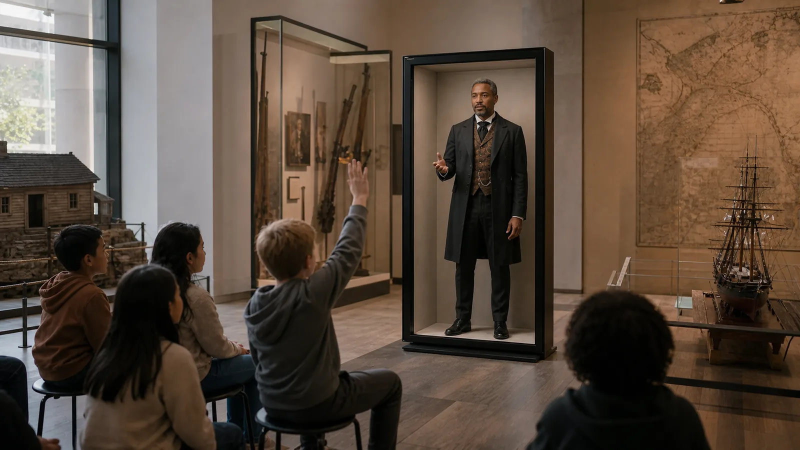AI-generated Reality Relay concept showing students questioning a clearly interpreted historical character in a framed presence space