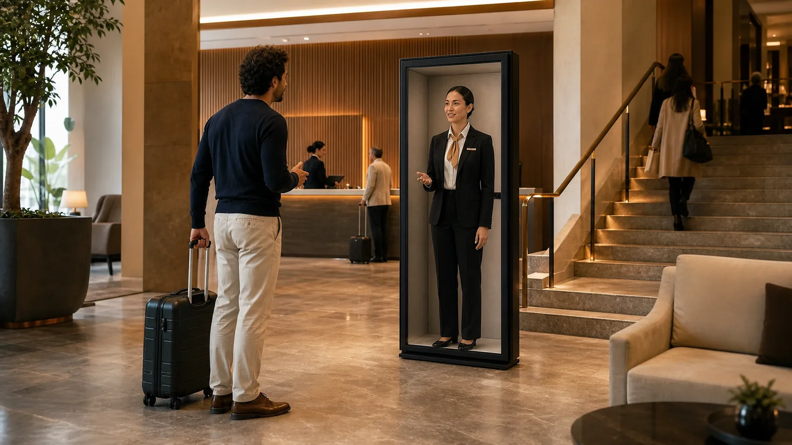 AI-generated Reality Relay concept showing a traveler asking a visible remote concierge about a reservation and local plans