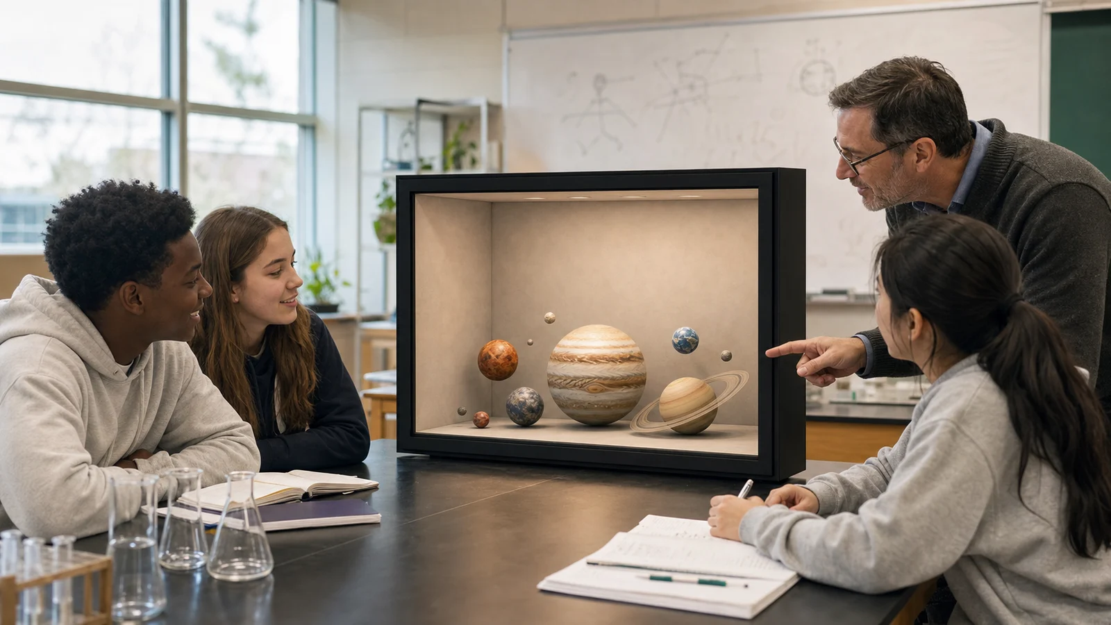 AI-generated Reality Relay concept showing a dimensional scientific world extending into the room while the teacher guides attention